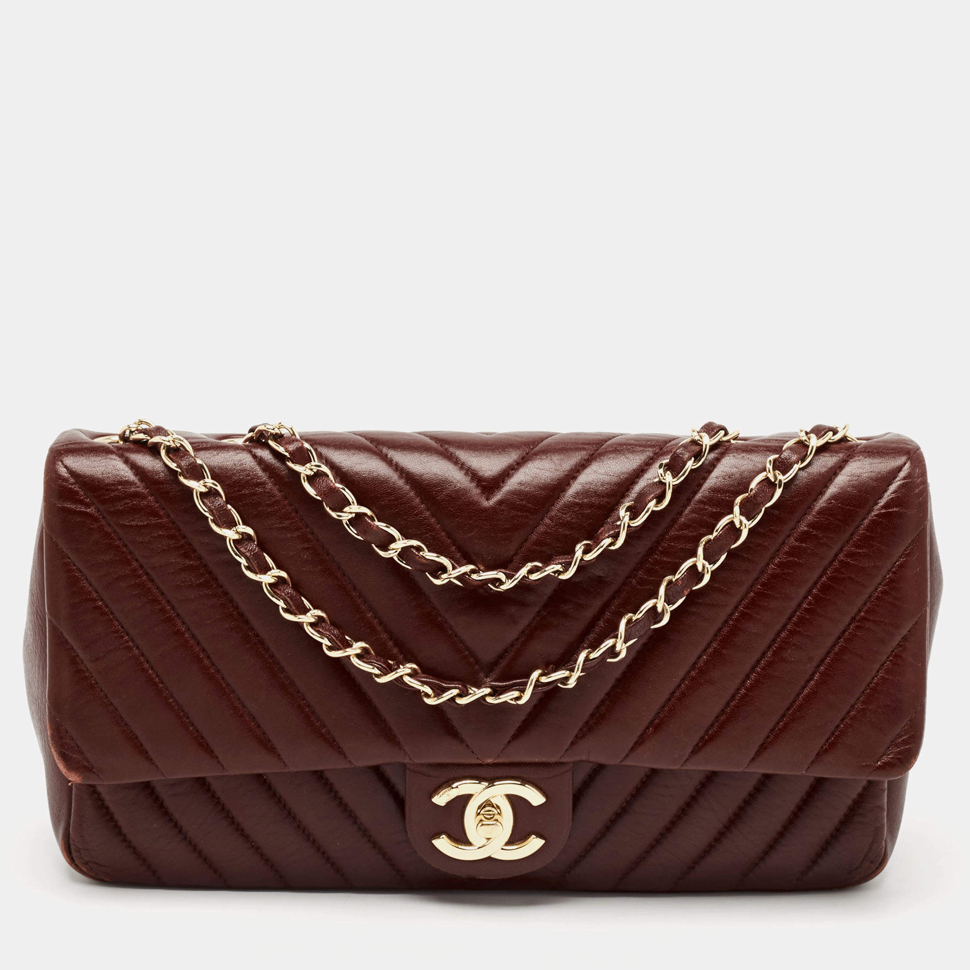 Chanel Burgundy Surpique Chevron Leather Medium Single Flap Bag