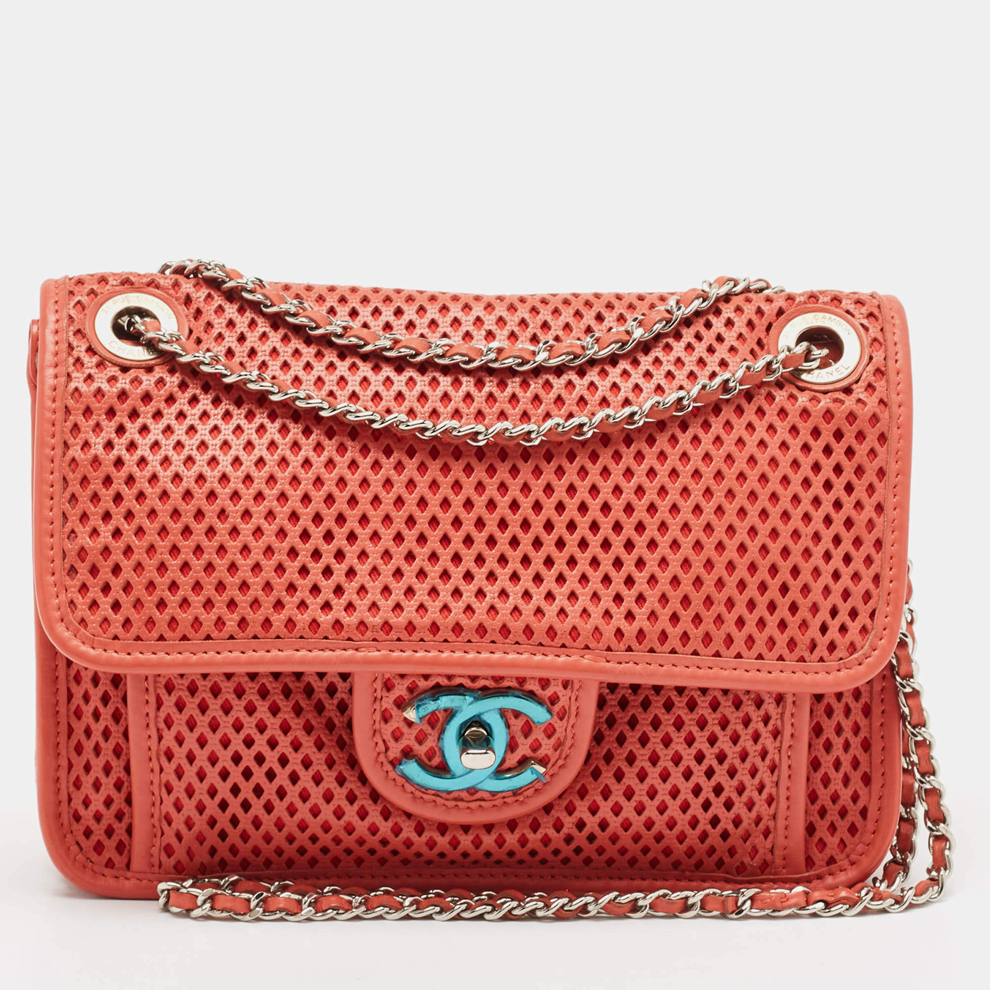 Pre Owned Chanel Red Perforated Leather Small Up In The Air Flap Bag