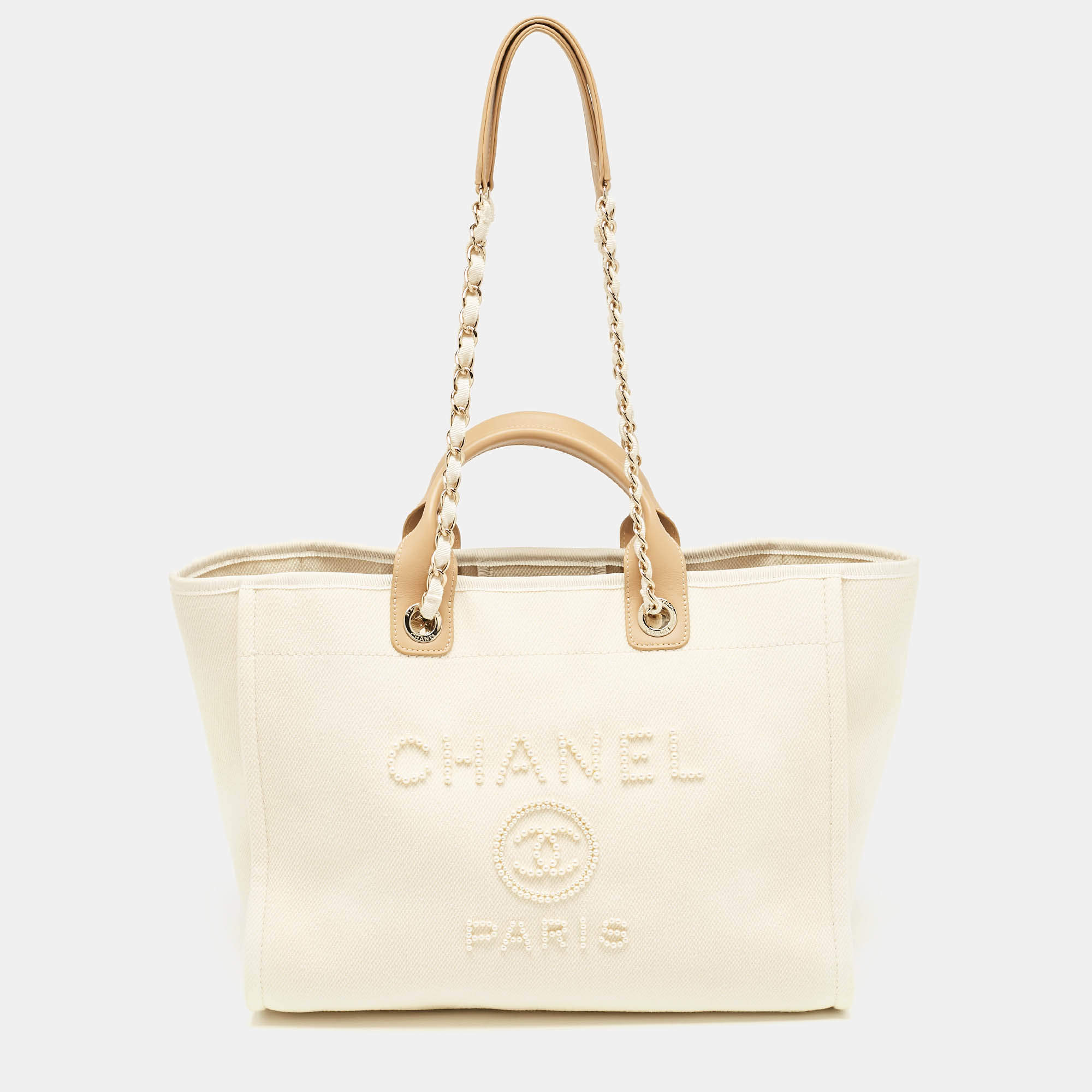 Chanel Tan/Cream Canvas Large Pearl Deauville Shopper Tote