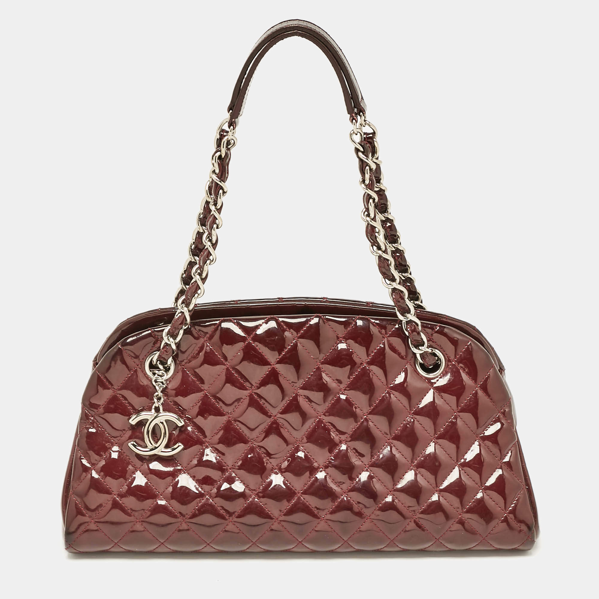 Pre Owned Chanel Burgundy Quilted Patent Leather Medium Just Mademoiselle Bowler Bag