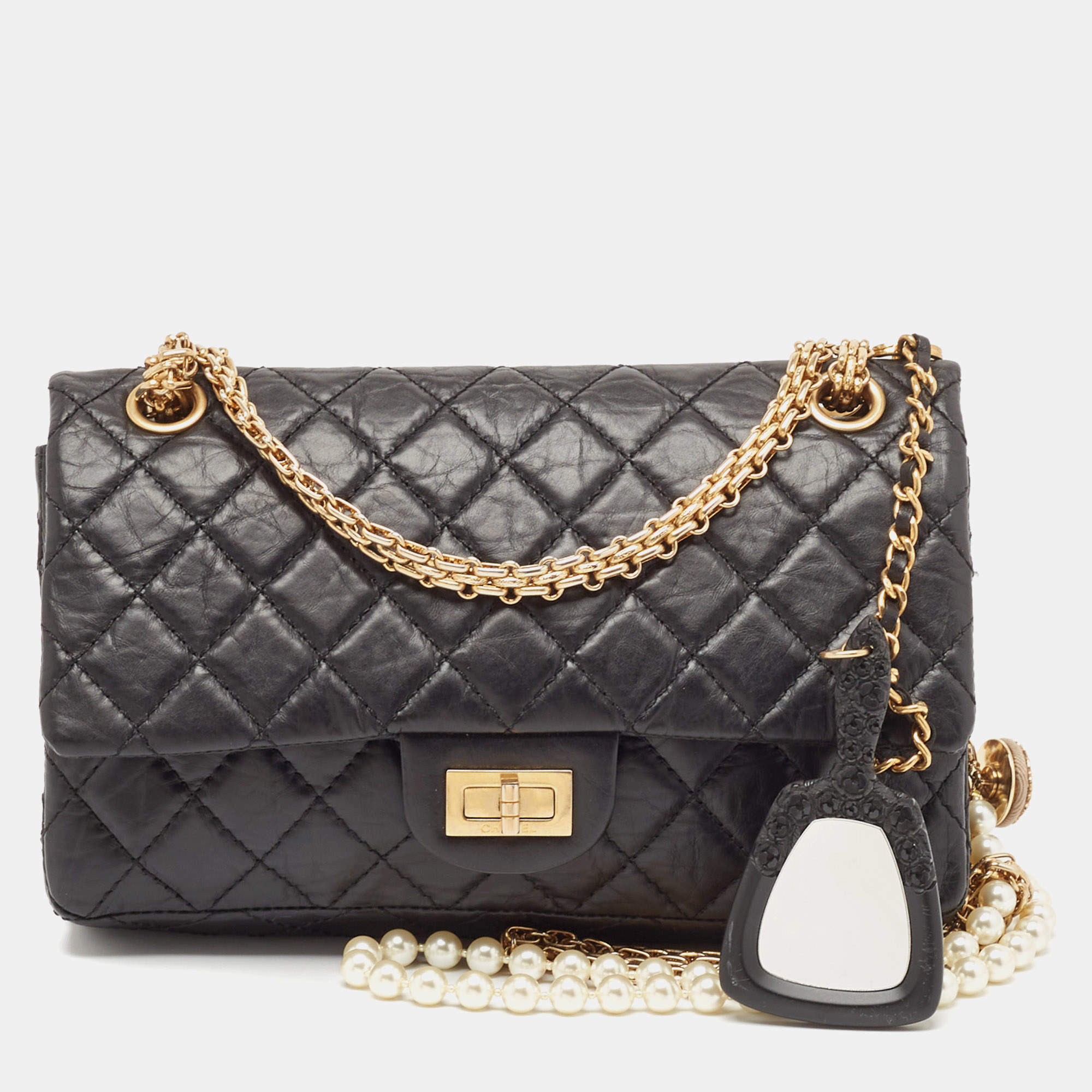 Pre Owned Chanel Black Quilted Aged Leather Reissue 2.55 Pearl Embellished Classic 225 Flap Bag