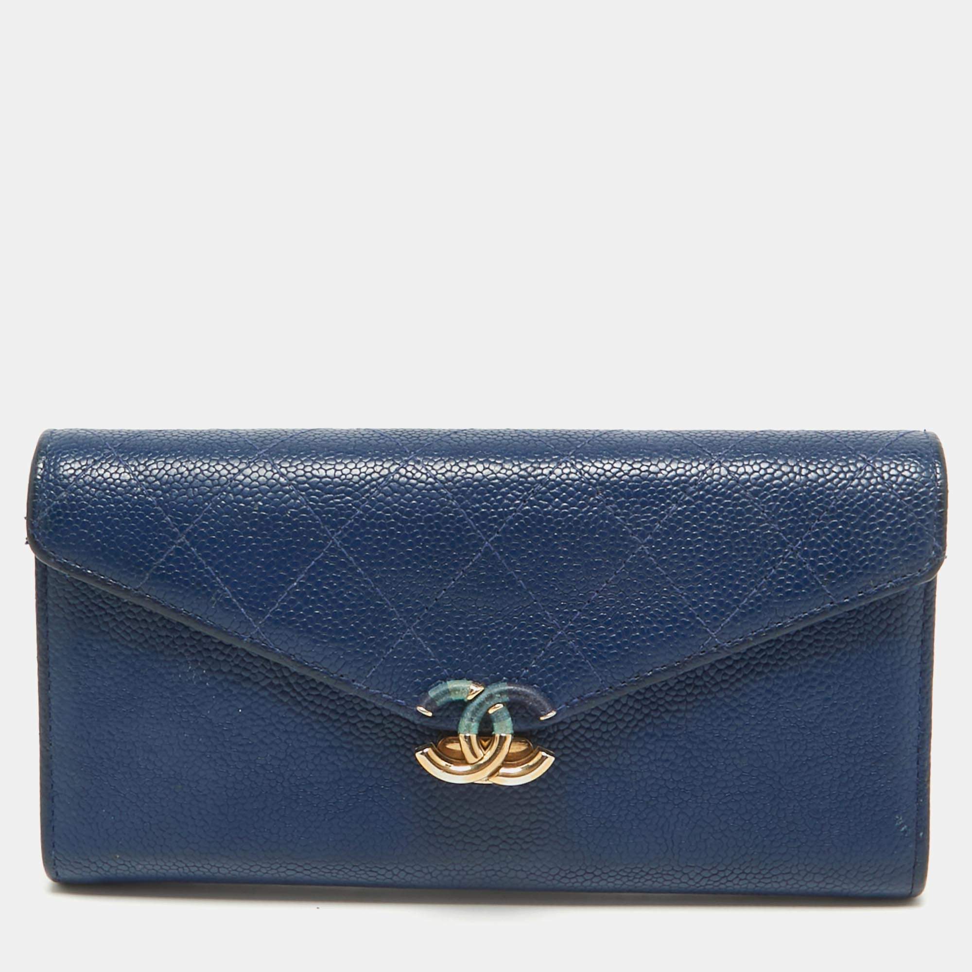 Chanel Blue Caviar Leather Half Moon Continental Wallet