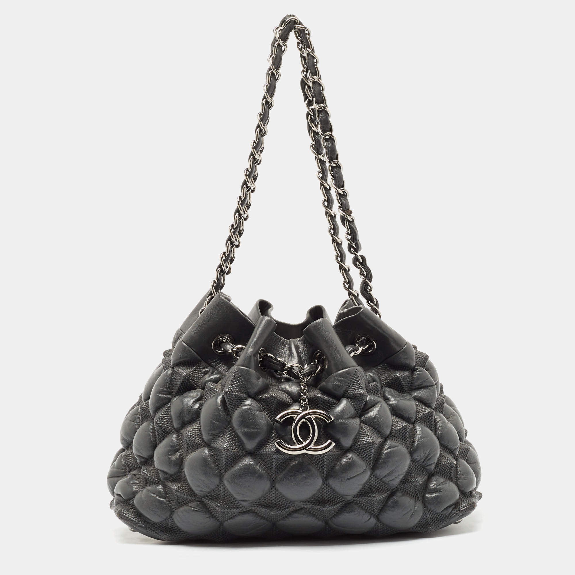 Pre Owned Chanel Grey Leather Stravinsky Bucket Bag