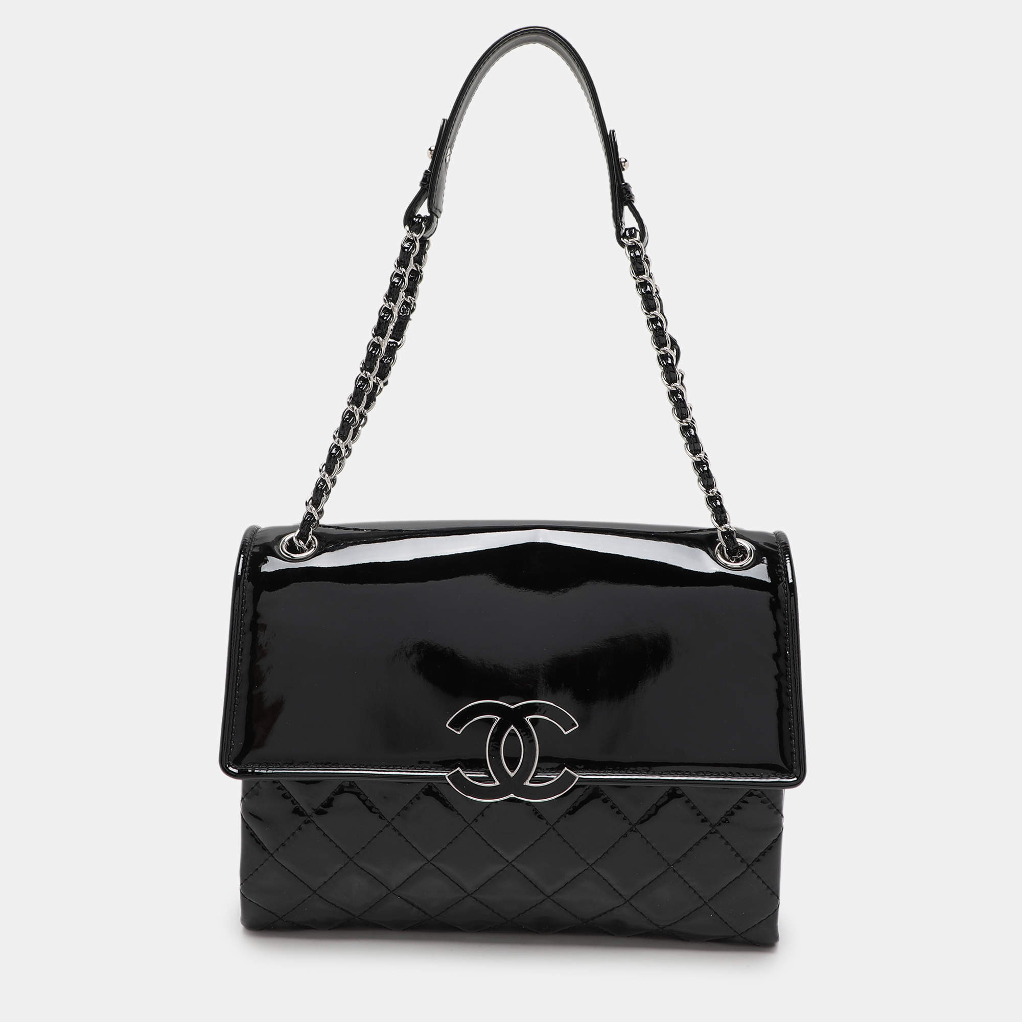 Pre Owned Chanel Black Quilted Patent Leather Double Compartment Flap Bag