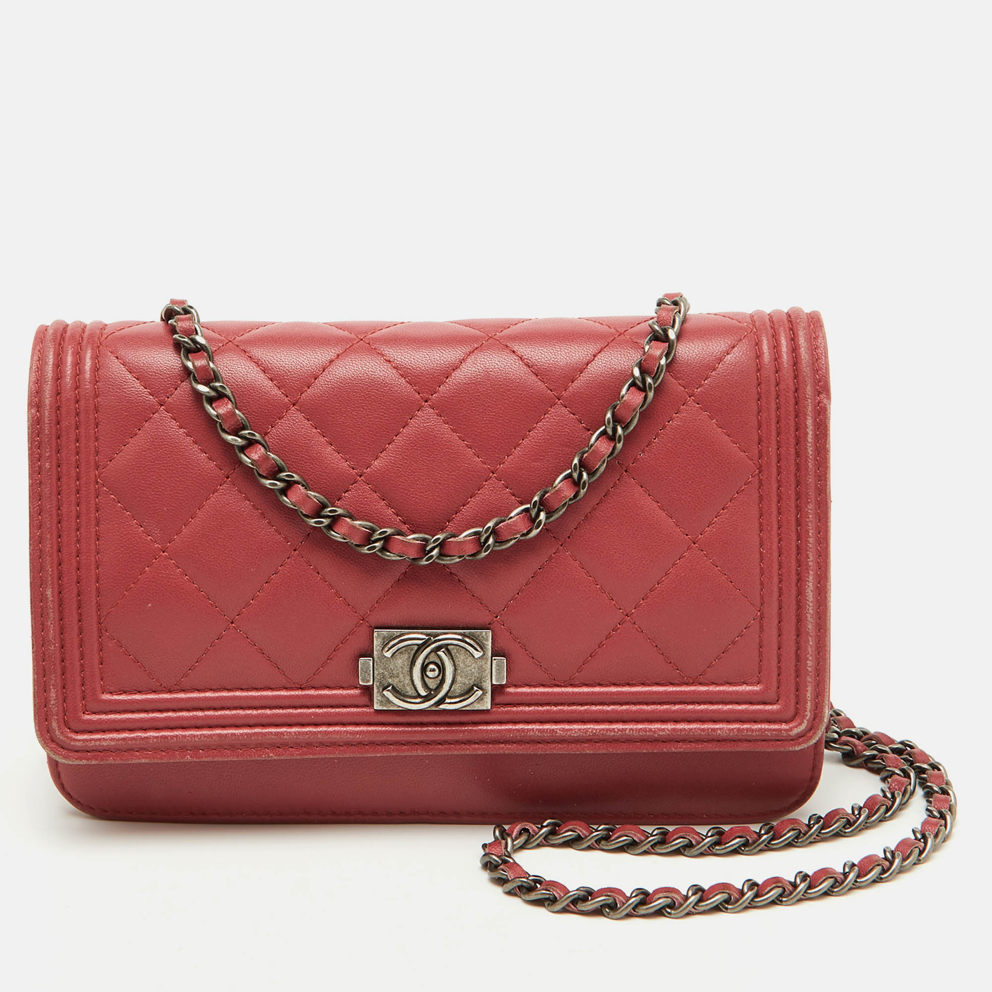 Chanel Coral Pink Quilted Leather Boy Flap Wallet On Chain
