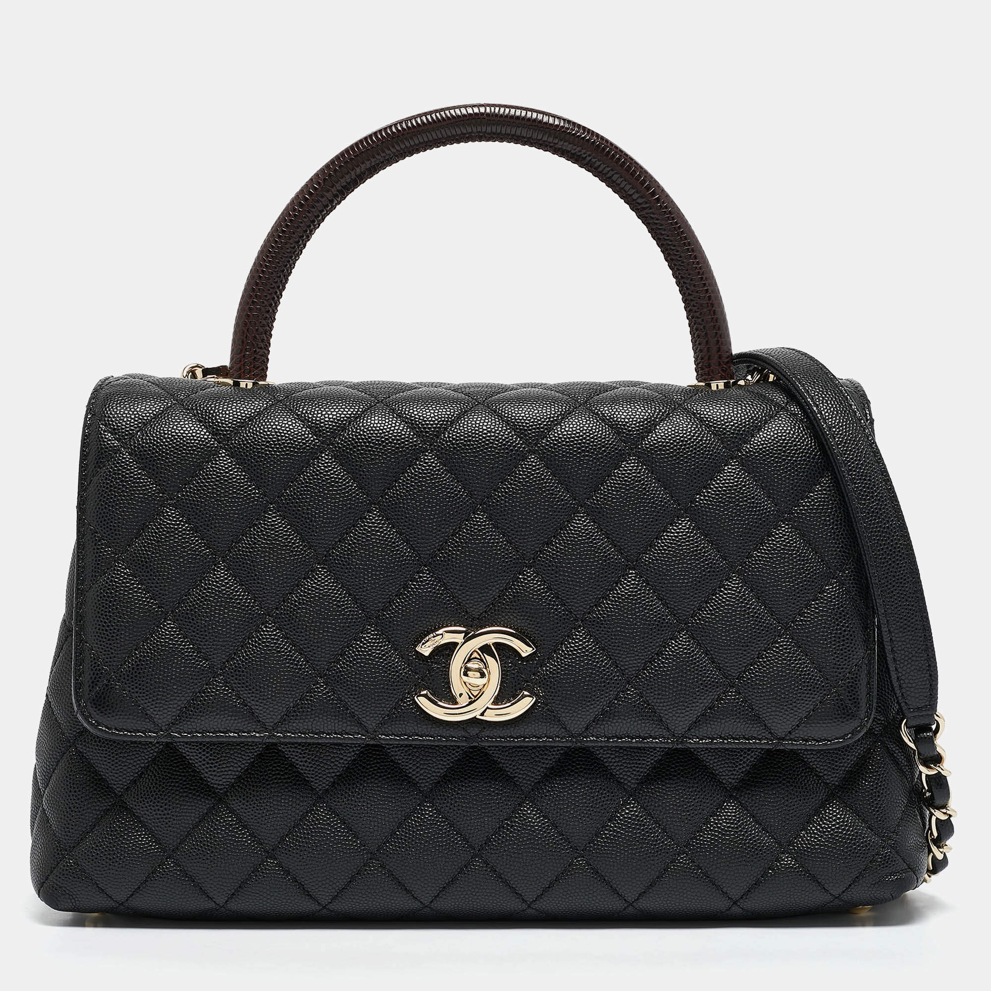 Pre Owned Chanel Black/Burgundy Quilted Caviar and Lizard Embossed Leather Small Coco Top Handle Bag
