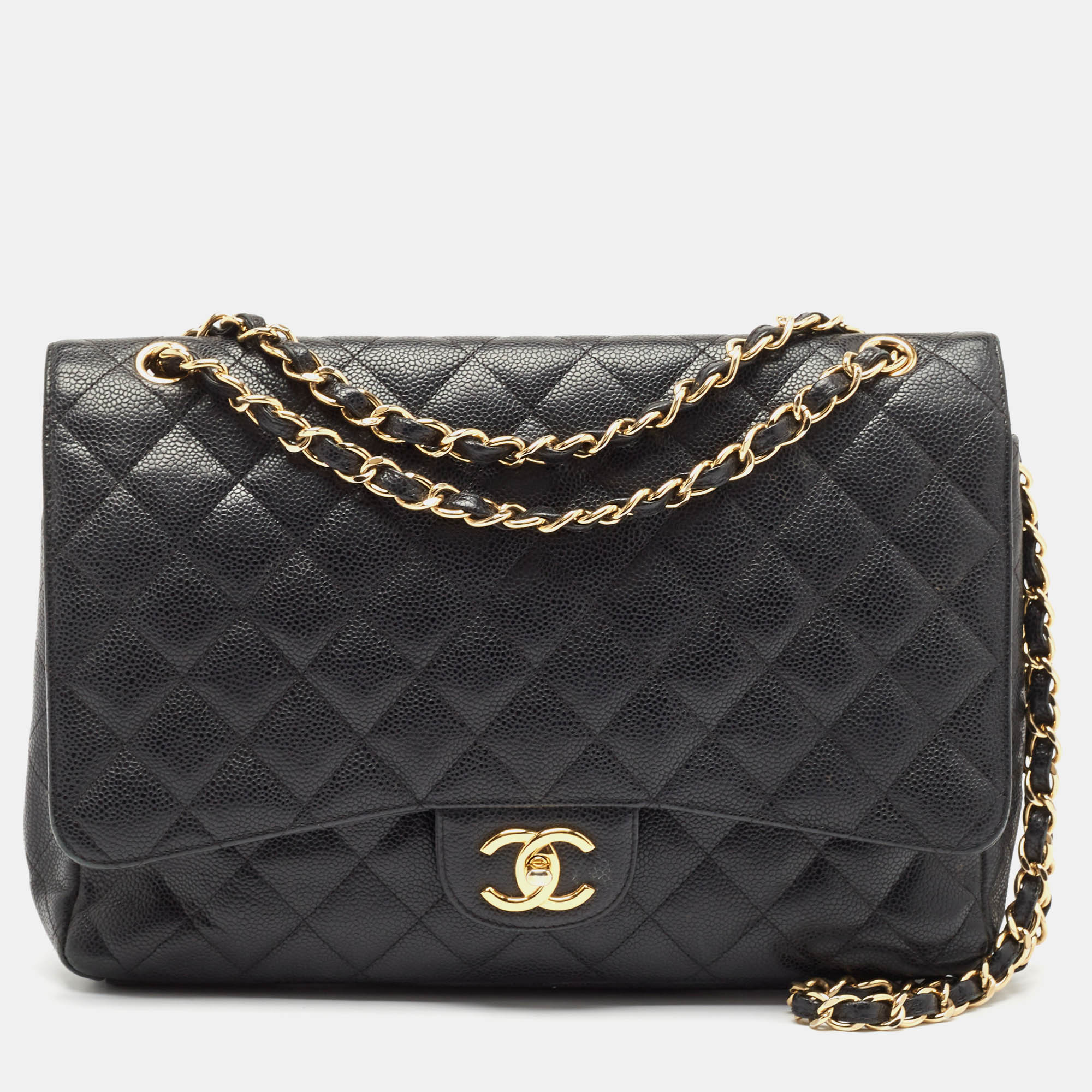 Pre Owned Chanel Black Quilted Caviar Leather Maxi Classic Double Flap Bag