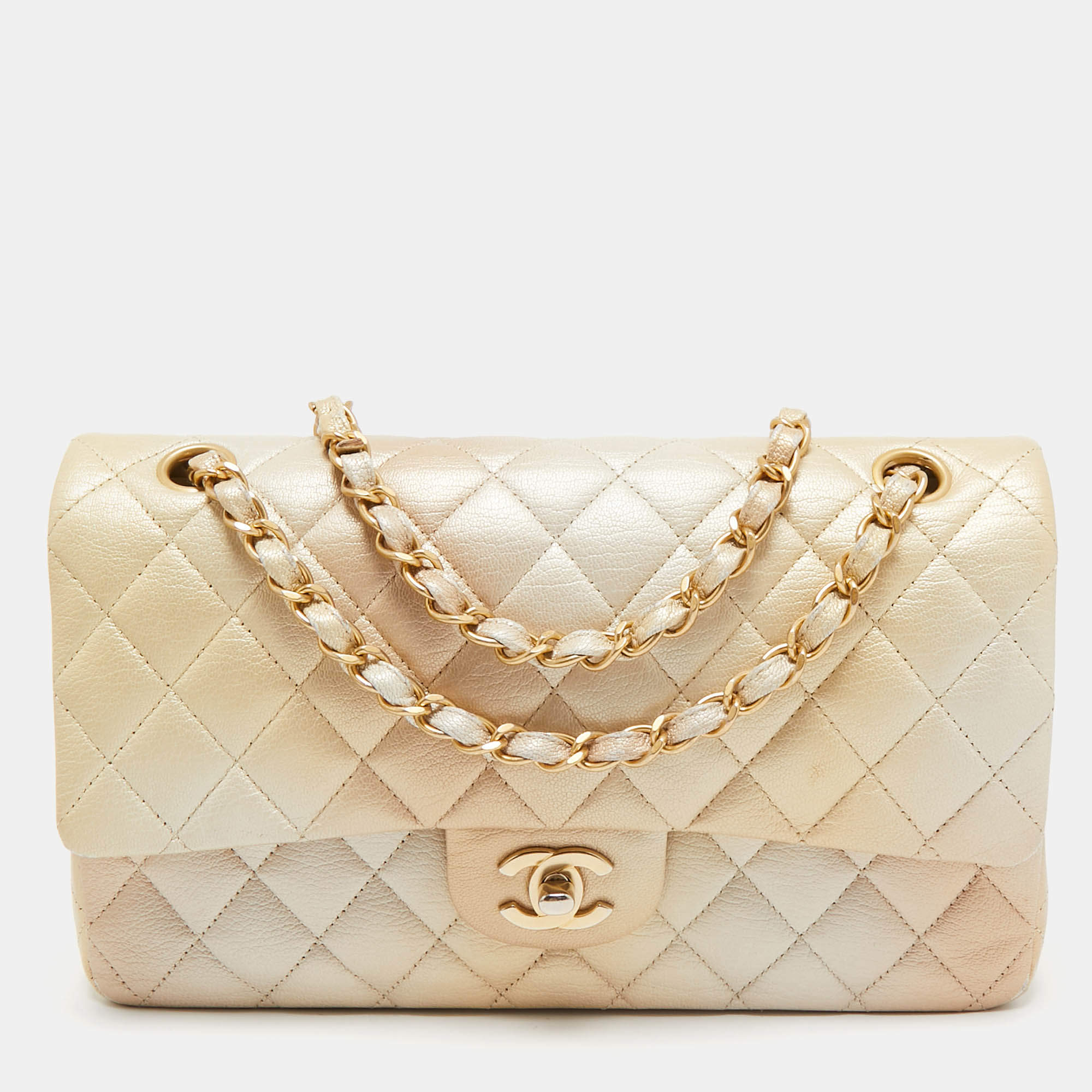 Pre Owned Chanel Gold Ombre Quilted Leather Medium Classic Double Flap Bag