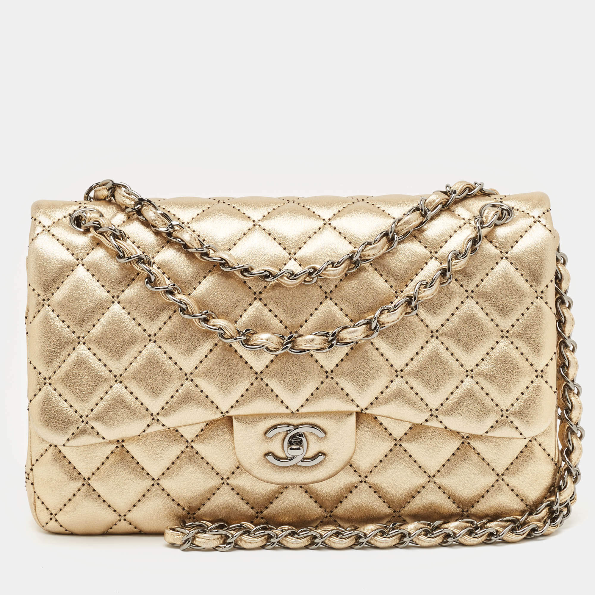 Pre Owned Chanel Gold Stitched Quilted Leather Jumbo Classic Double Flap Bag