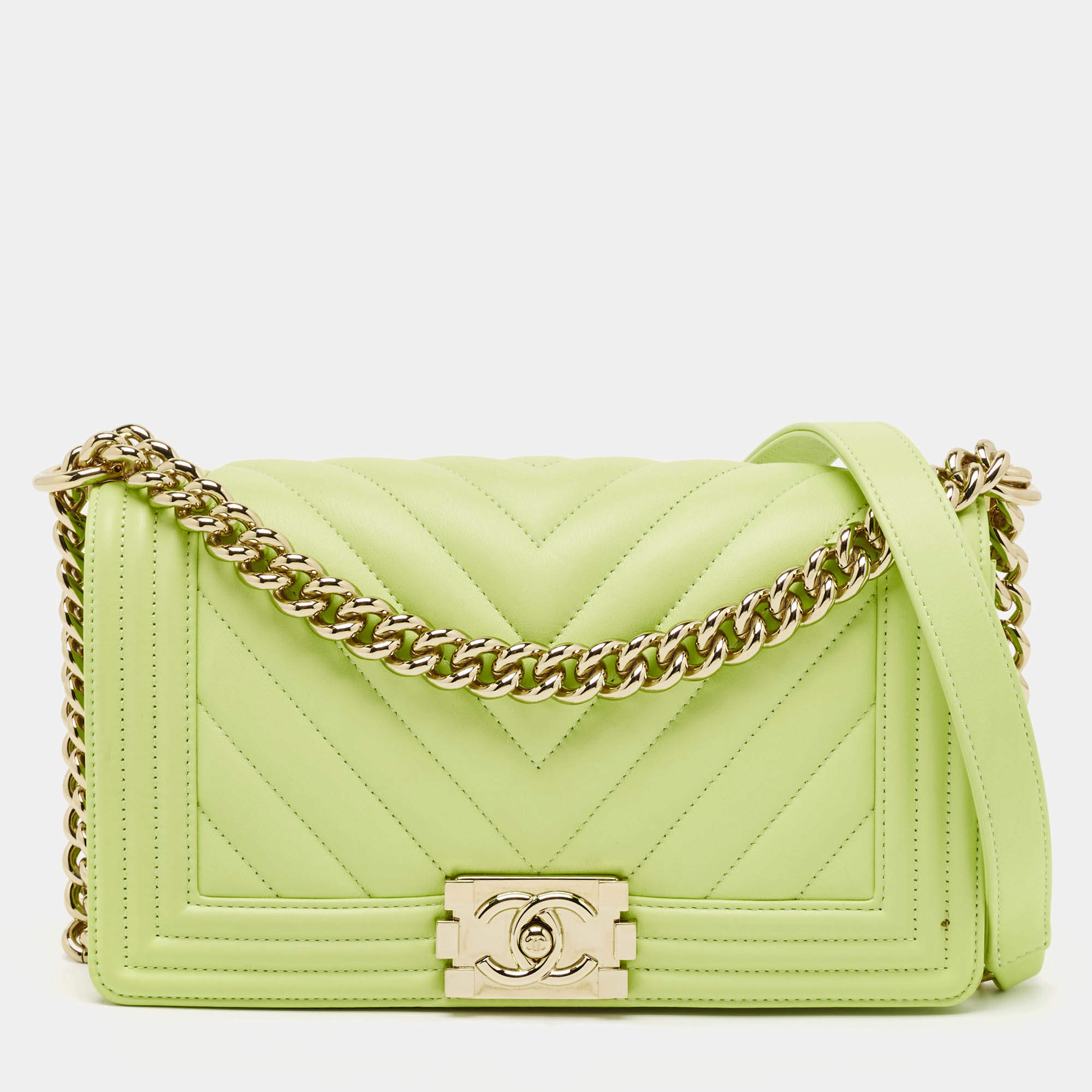 Pre Owned Chanel Light Green Quilted Leather Medium Boy Flap Bag