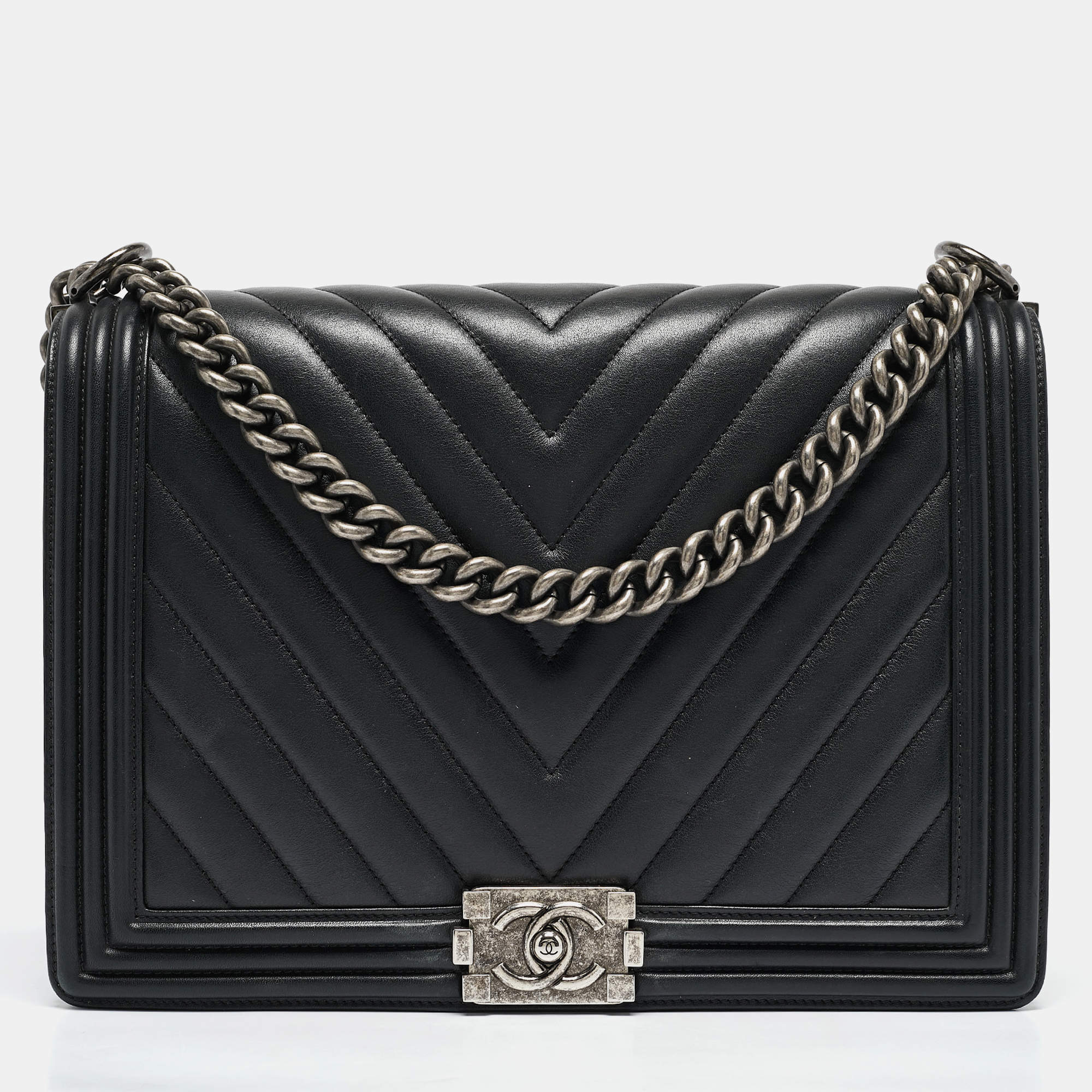 Chanel Black Chevron Leather Large Boy Flap Bag