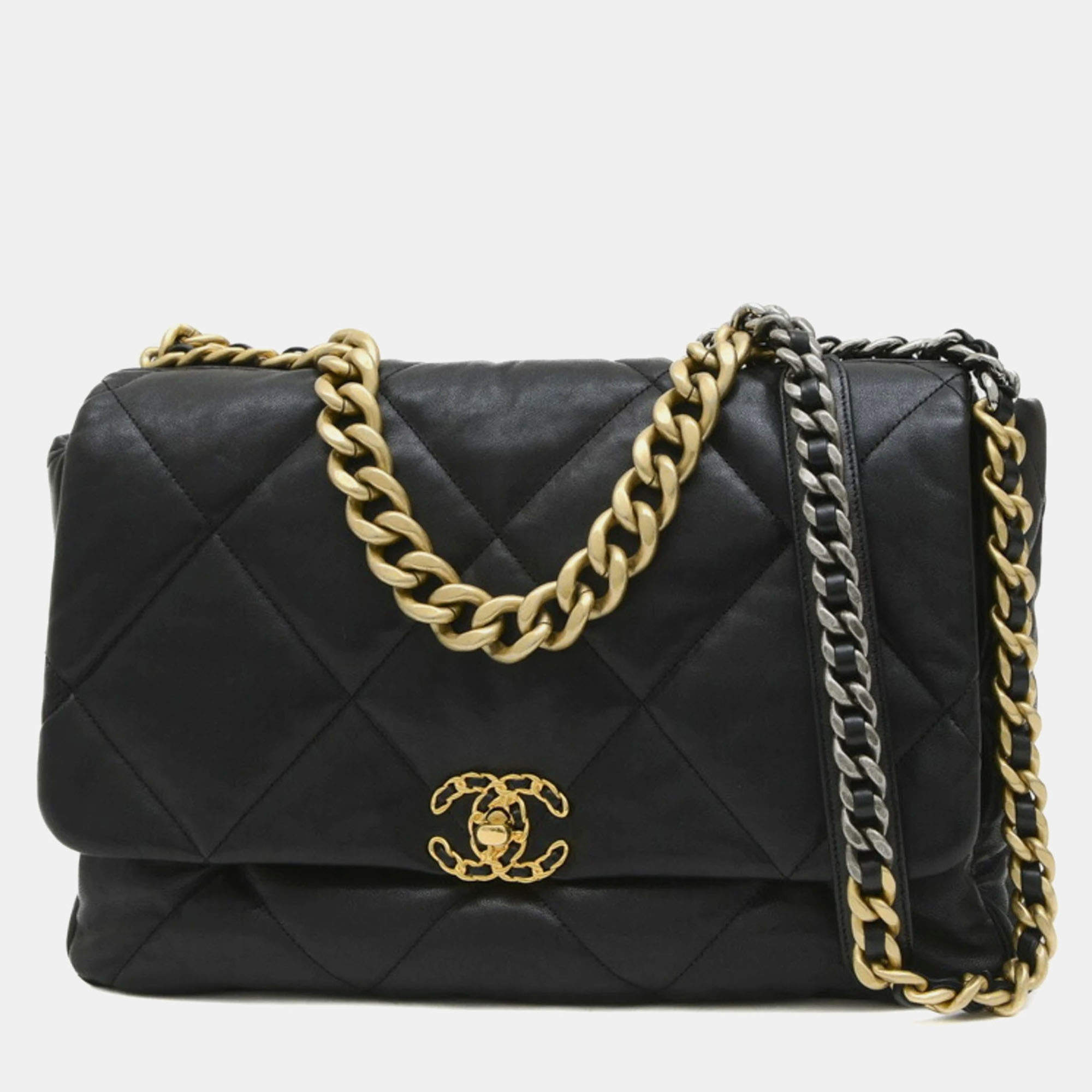 Chanel Black Lambskin Leather 19 Maxi Chain Shoulder Bag