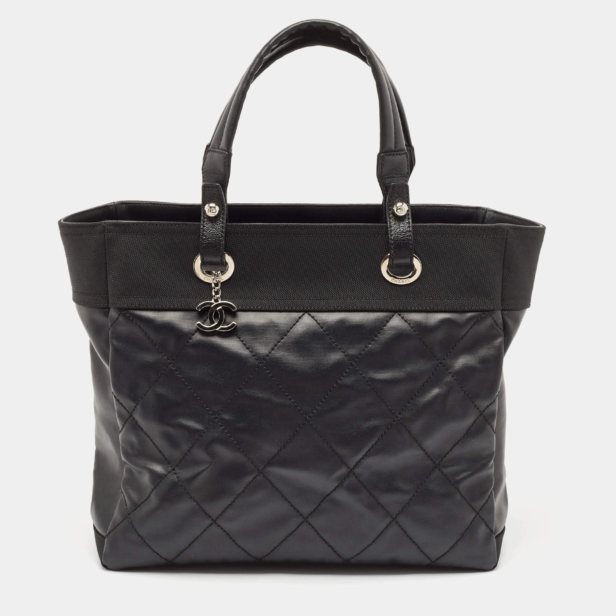 Pre Owned Chanel Black Quilted Coated Fabric Paris Biarritz Bag