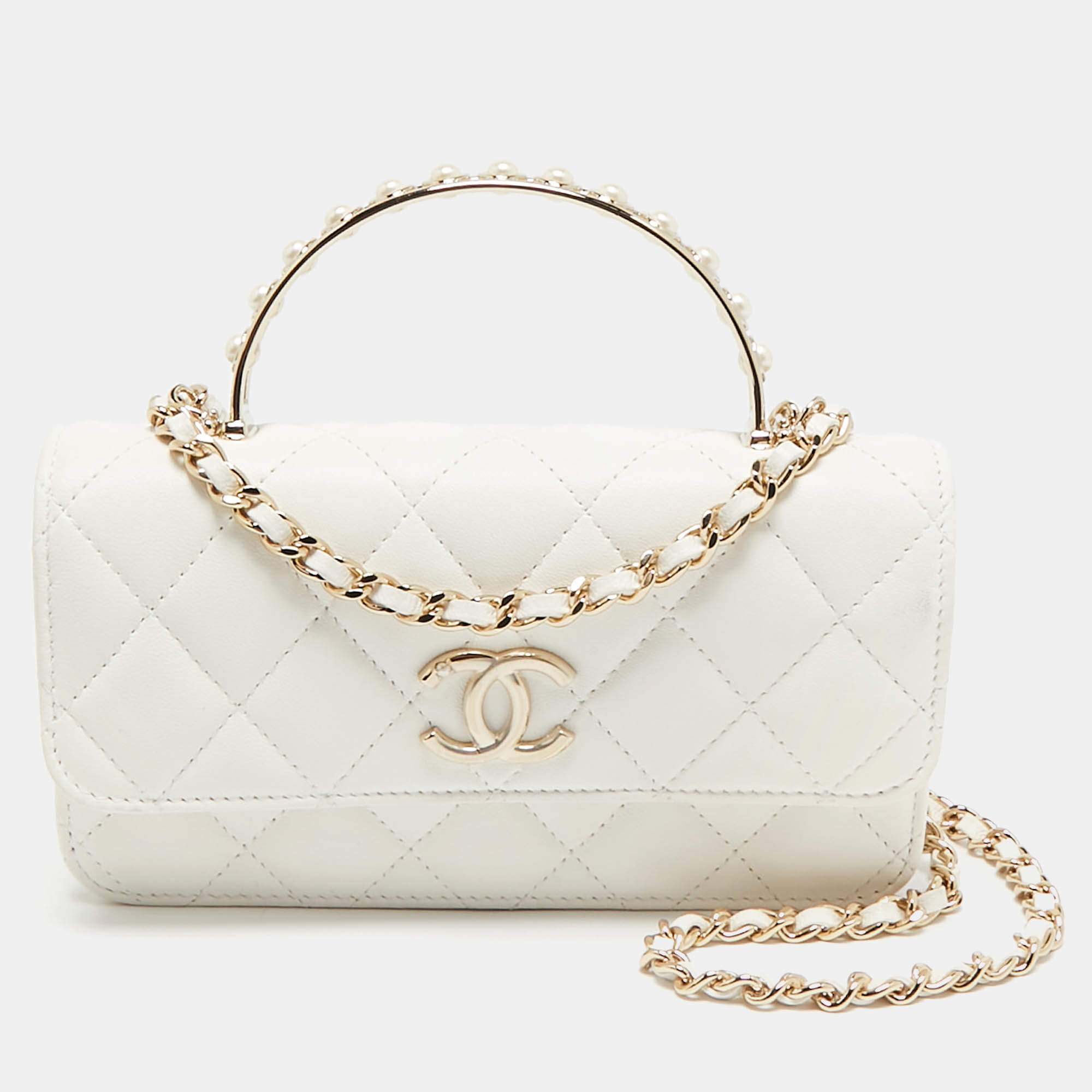 Chanel White Quilted Leather Pearl Embellished Top Handle Phone Holder Bag