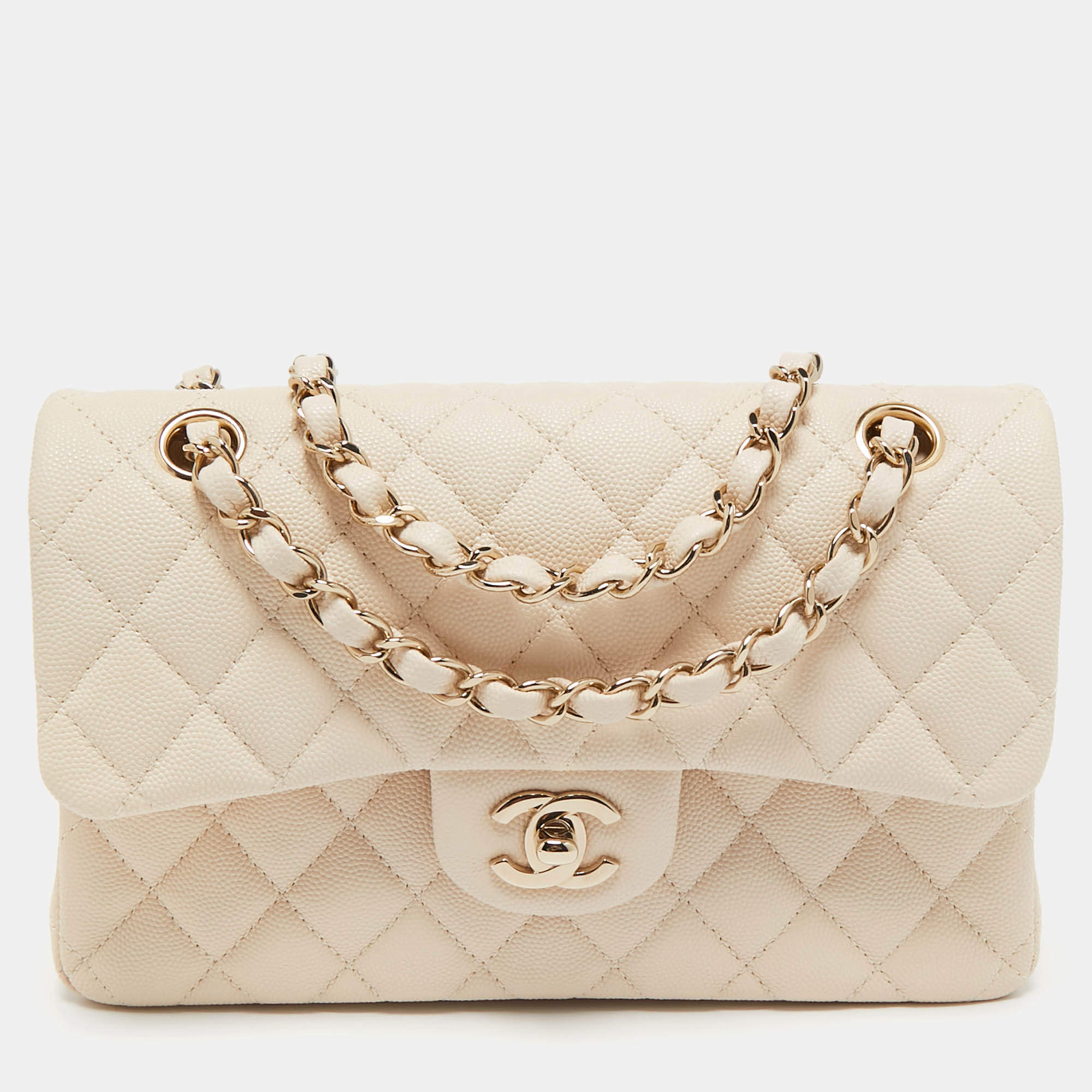 Pre Owned Chanel Cream Quilted Caviar Leather Small Classic Double Flap Bag