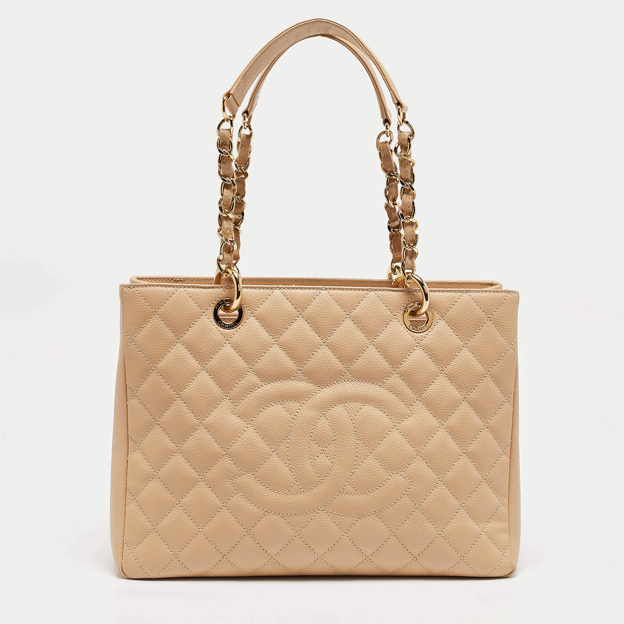 Pre Owned Chanel Beige Quilted Caviar Leather Grand Shopper Tote