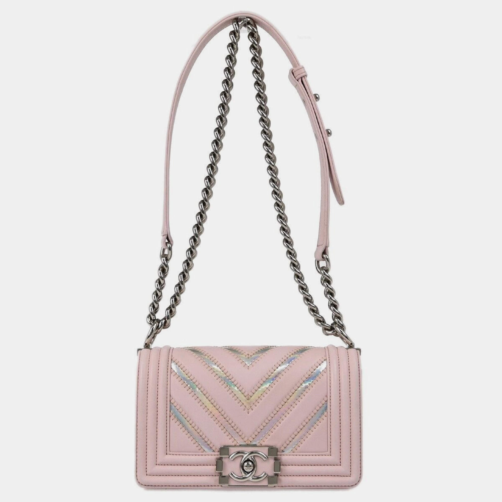 Chanel Pink Prism Lambskin Chevron Small Chain Shoulder Bag