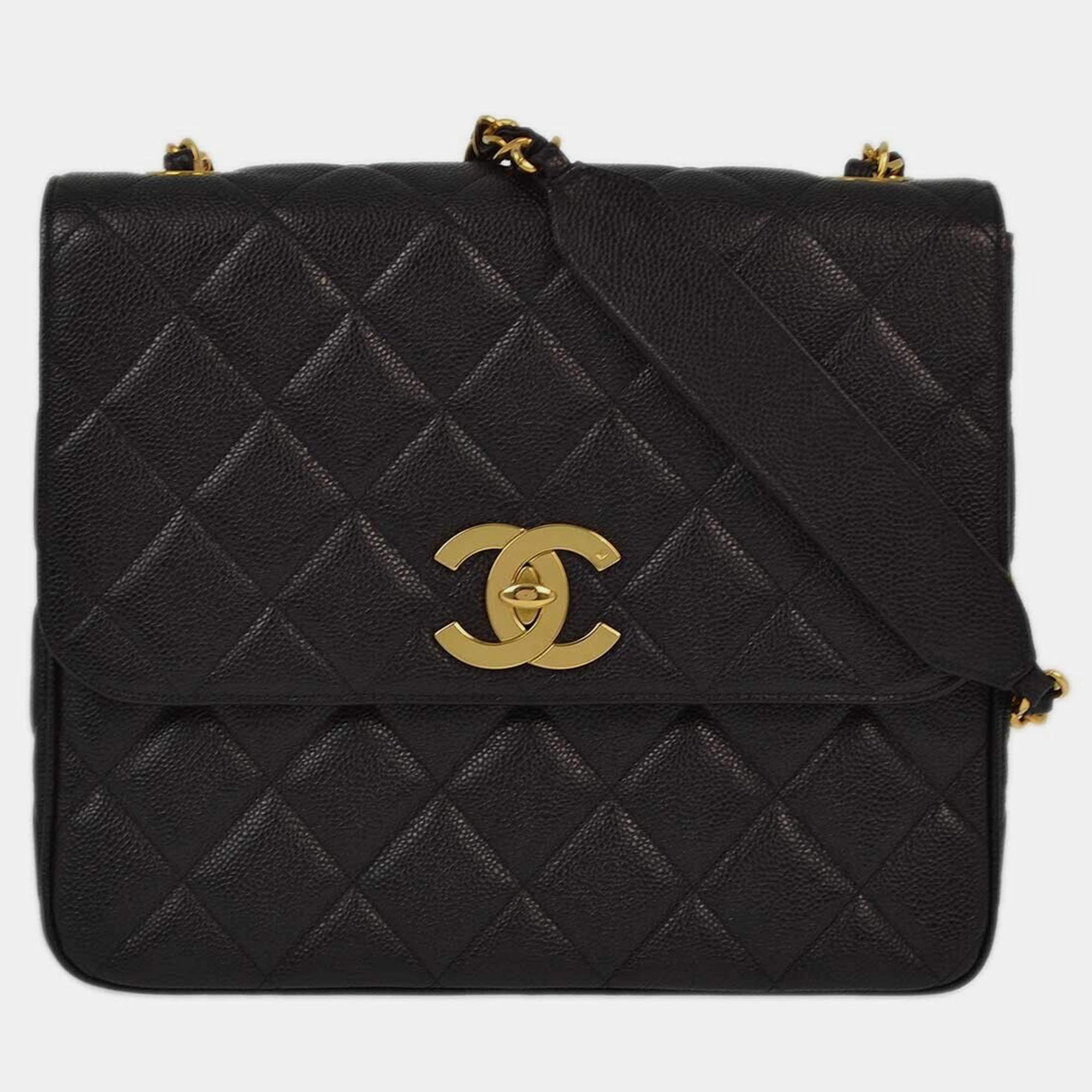 Pre Owned  Chanel Black Calfskin Straight Flap Chain Shoulder Bag