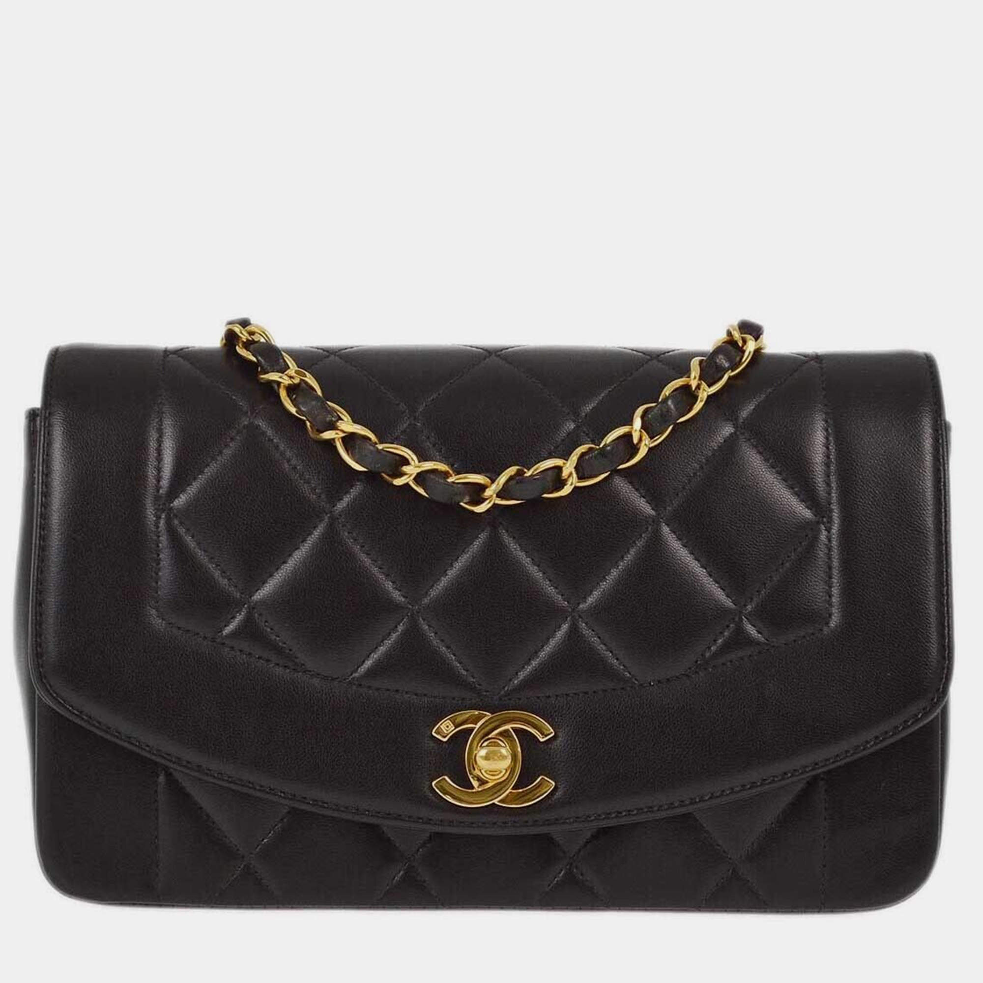 Pre Owned Chanel Black Lambskin Small Diana Shoulder  Bag