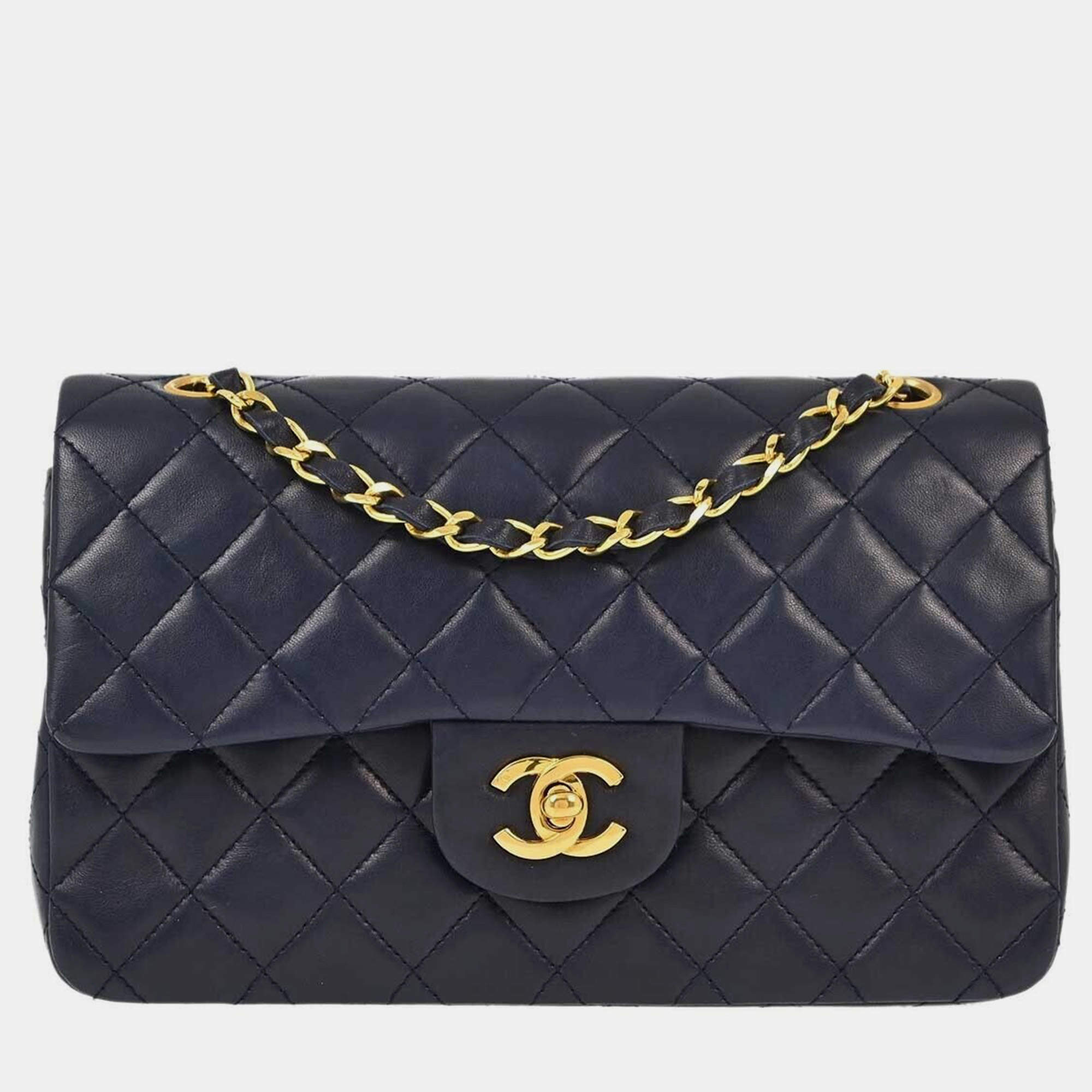 Pre Owned Chanel Navy Lambskin Leather Small Classic Double Flap Shoulder Bag