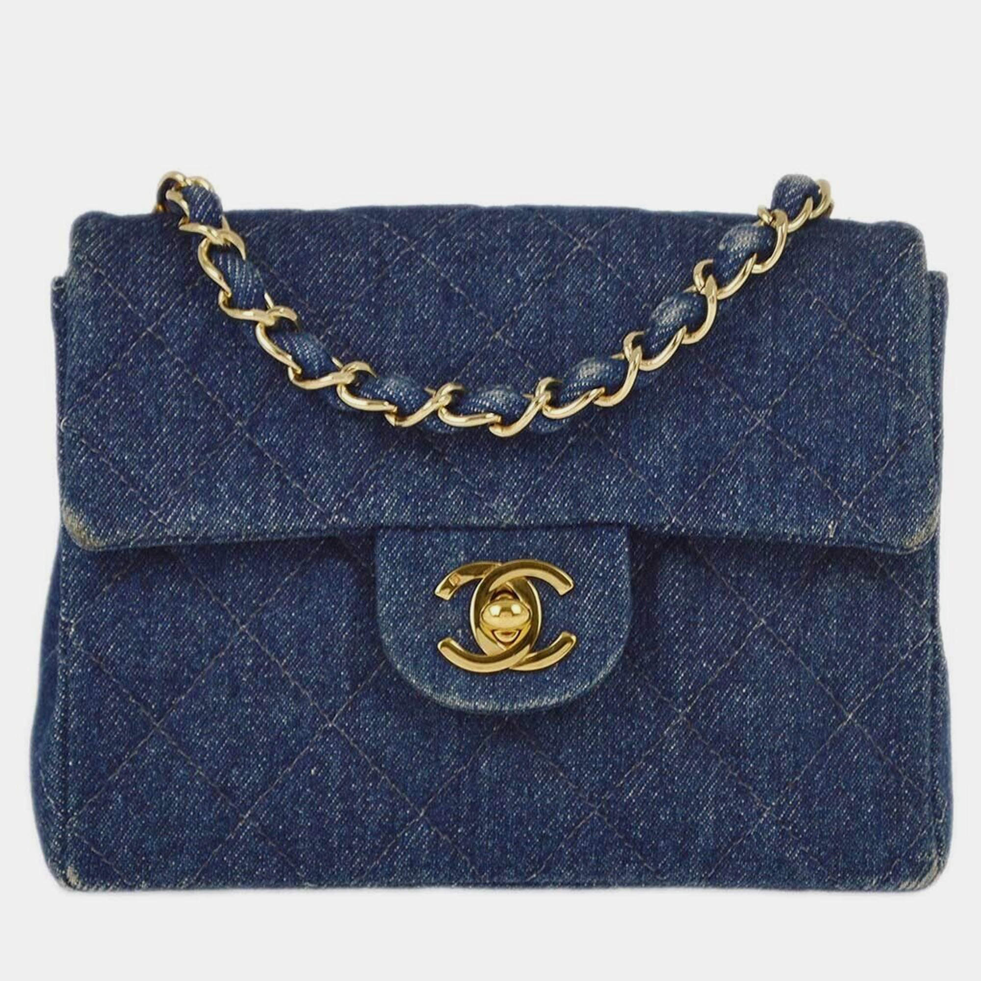 Pre Owned Chanel Blue Denim Mini Classic Square Flap Bag