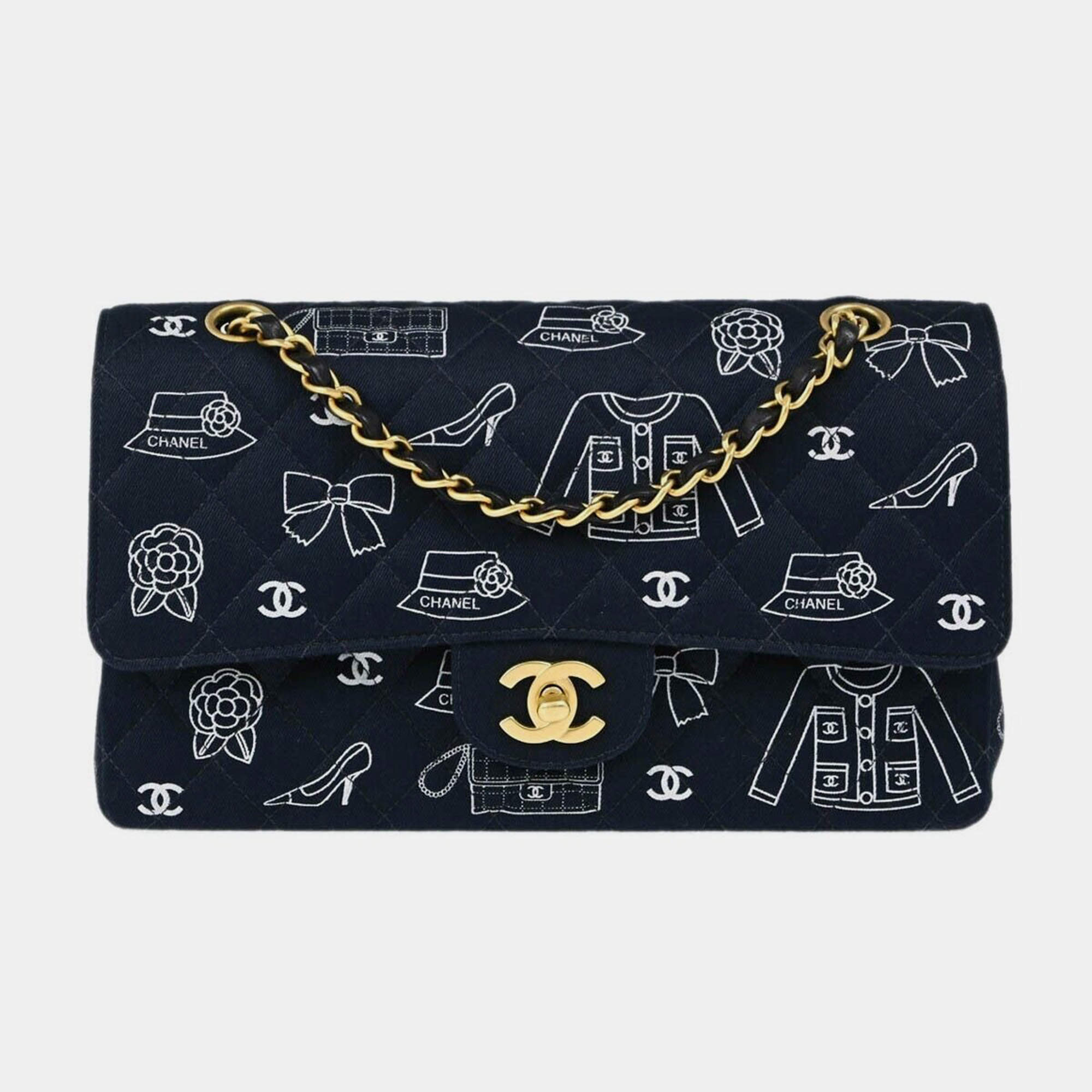 Pre Owned Chanel Black Canvas Medium Classic Double Flap Shoulder Bag