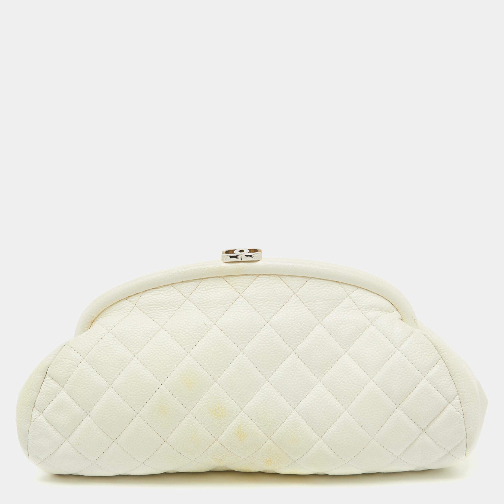 Pre Owned Chanel White Quilted Caviar Leather Timeless Clutch