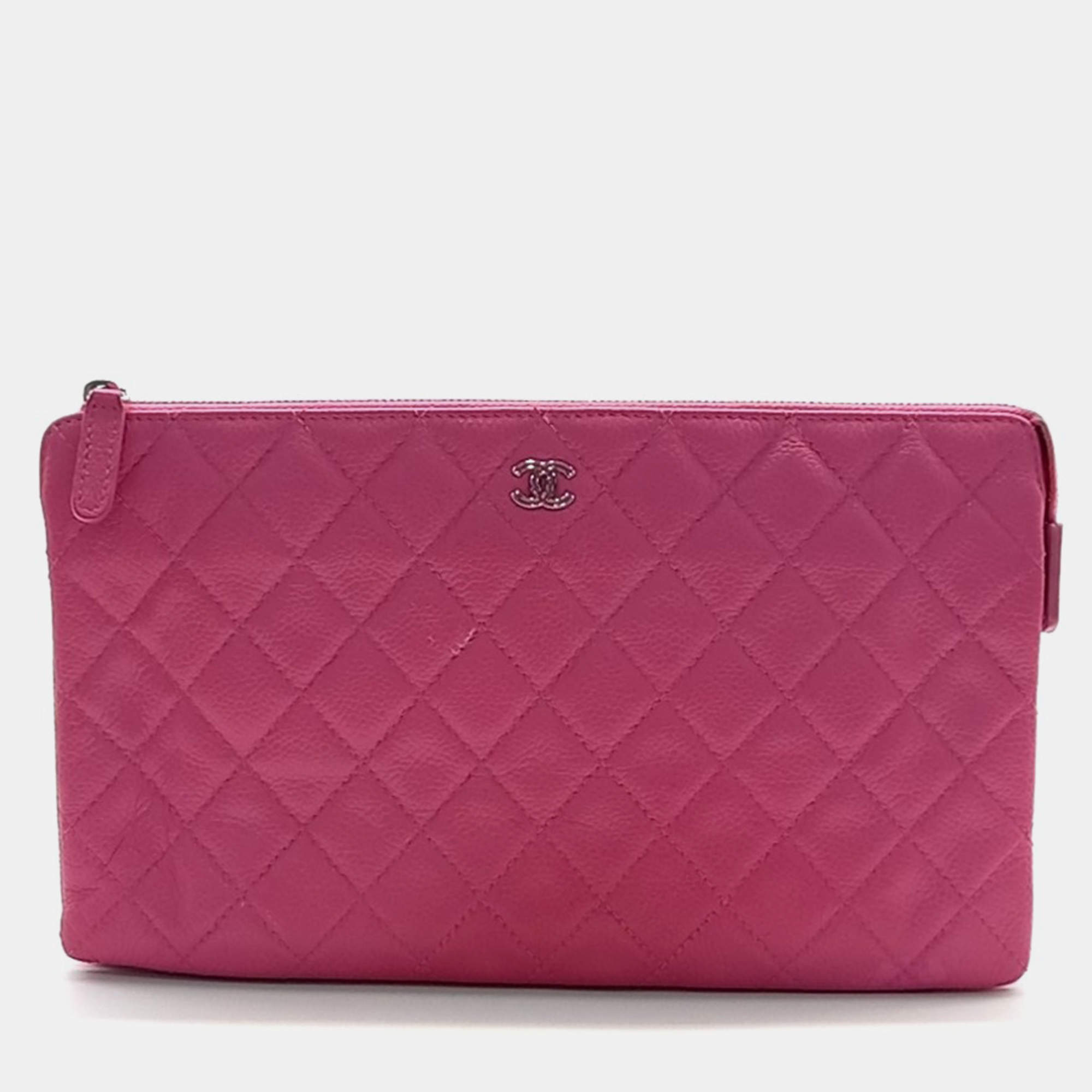 Chanel Pink Question Leather Clutch And Pouch