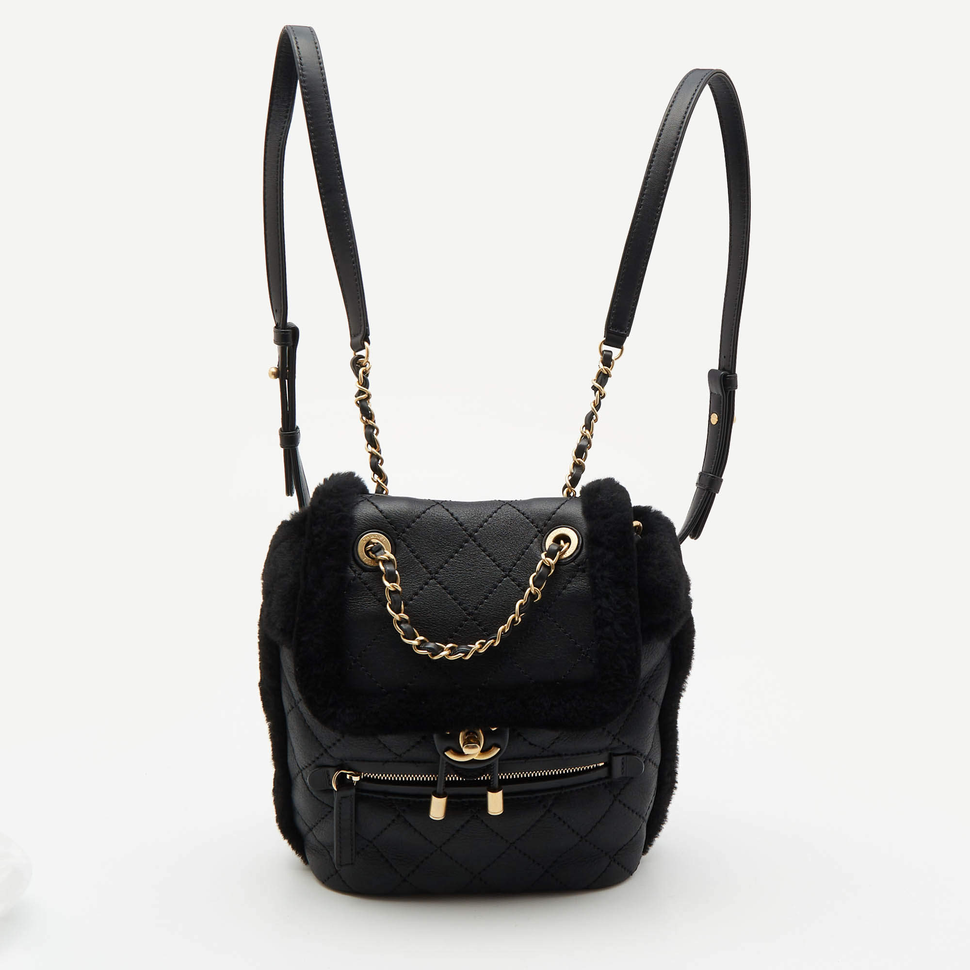 Chanel Black Quilted Leather and Shearling Paris-Hamburg Backpack