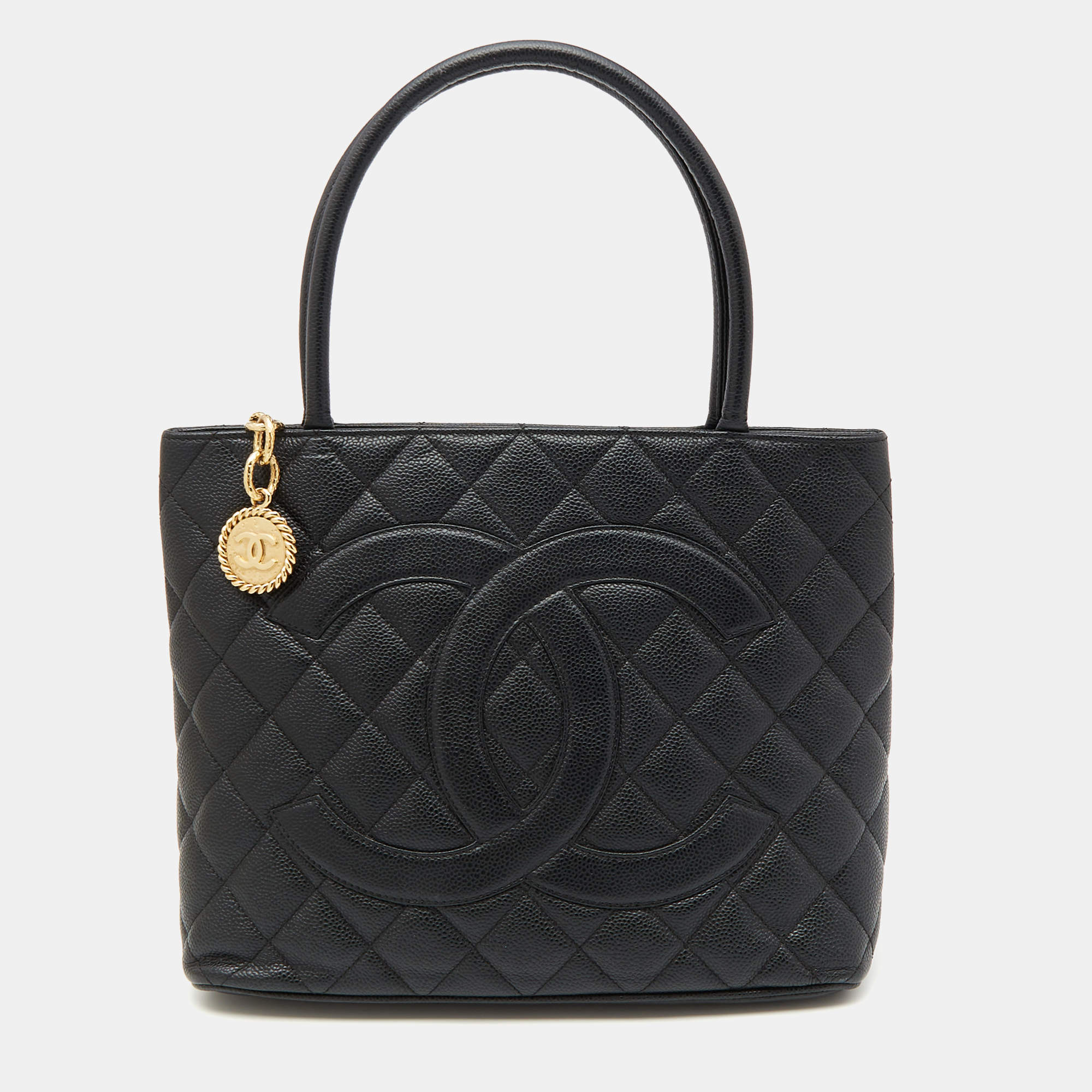 Pre Owned Chanel Black Quilted Caviar Leather Medallion Tote