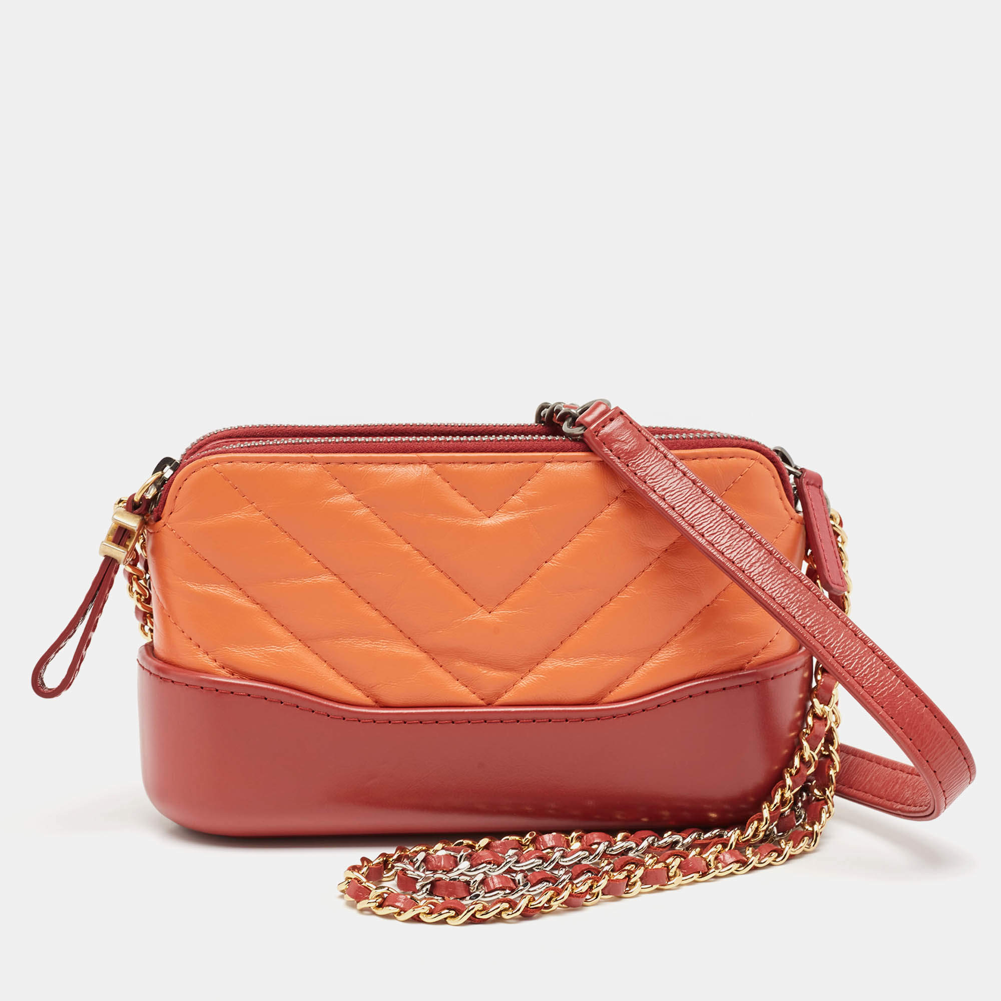 Chanel Orange/Red Quilted Leather Gabrielle Double Zip Chain Clutch