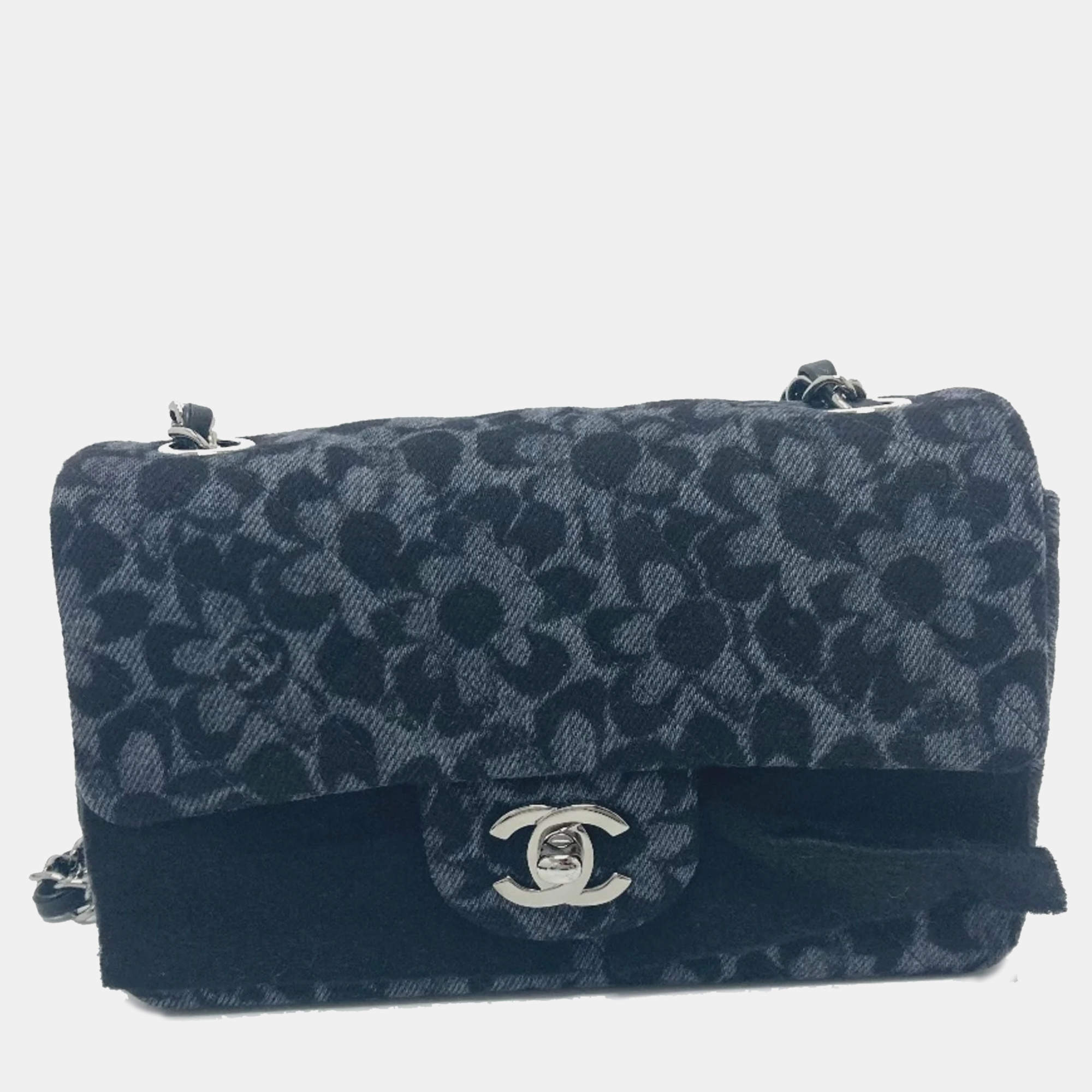 Pre Owned Chanel Black Denim  Camellia Motif Chain Shoulder Bag