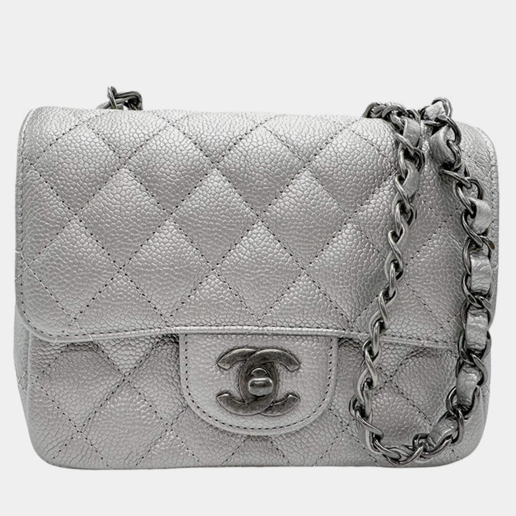 Chanel Silver  Caviar Leather Chain Shoulder Bag
