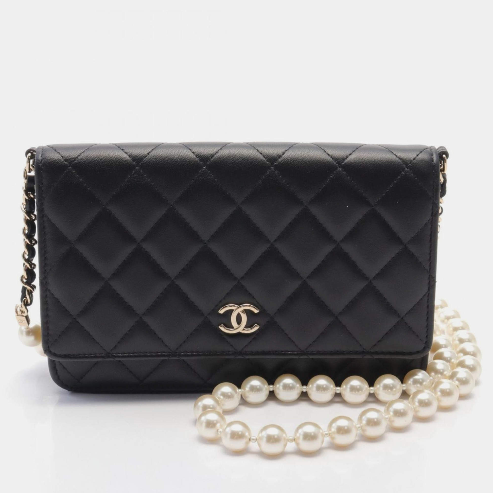 Chanel Black Lambskin Leather Pearl Wallet on Chain