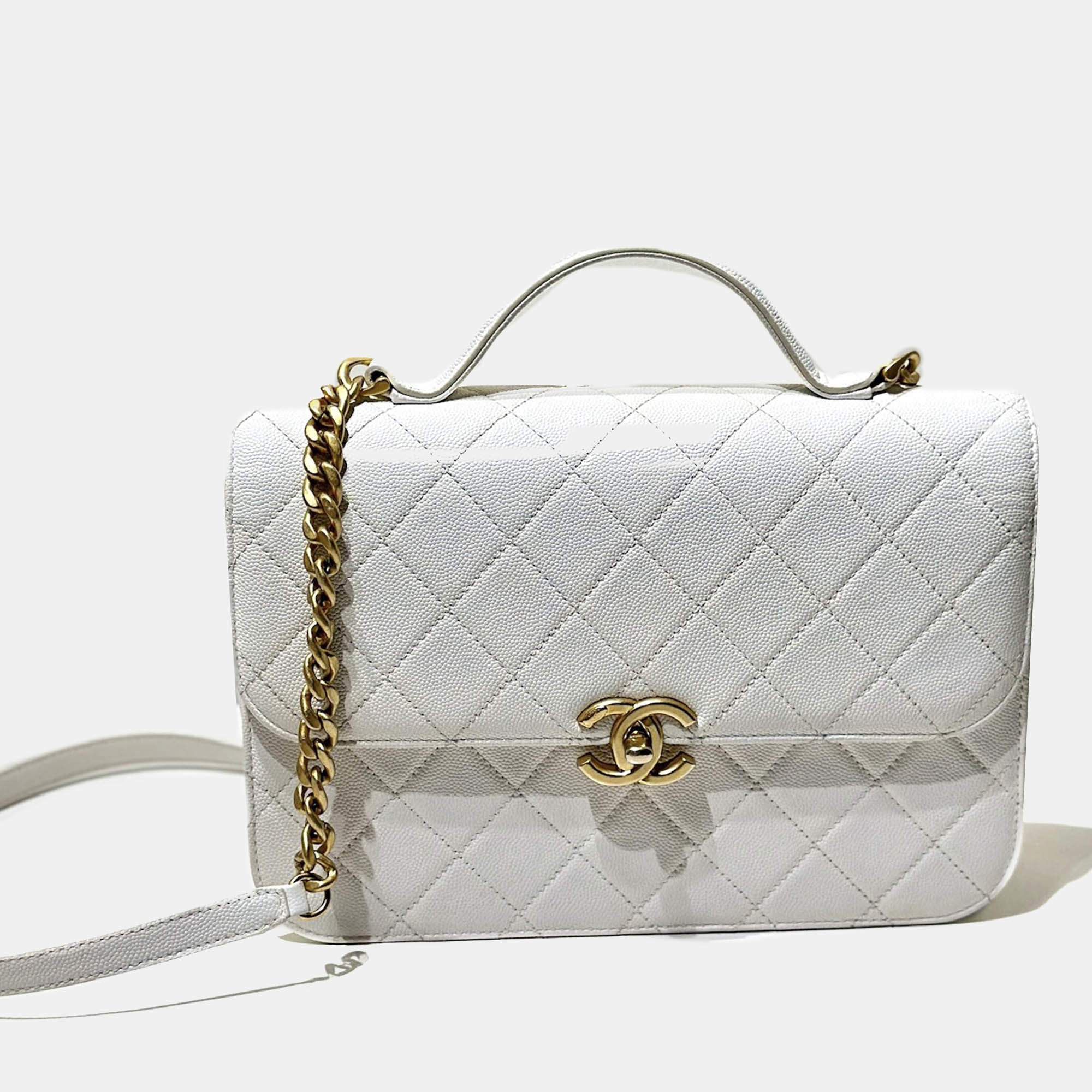 Pre Owned Chanel White Caviar Quilted Small Top Handle Flap Bag
