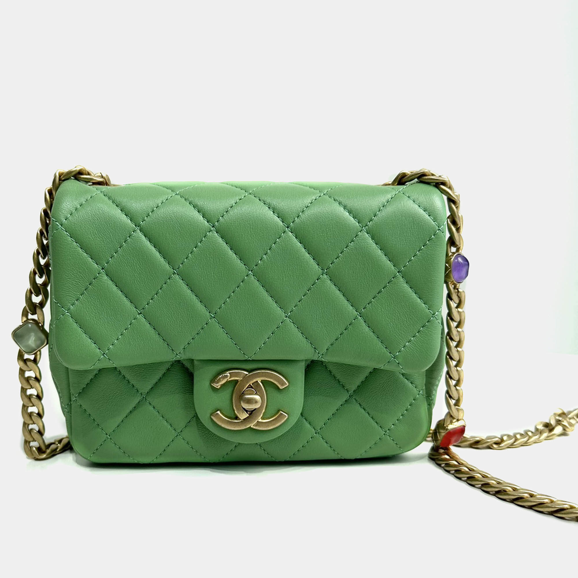 Pre Owned Chanel Green Leather Quilted Mini Pearl Square Flap Bag
