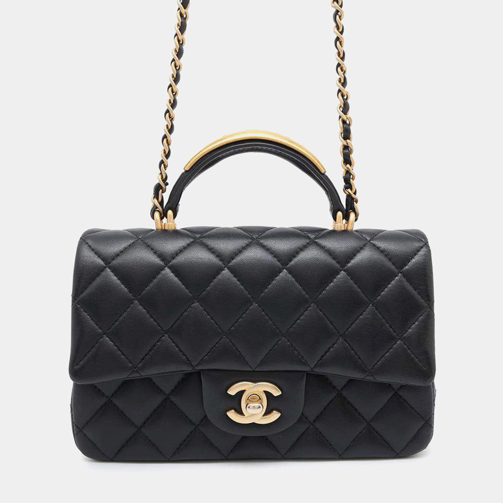 Chanel Black Lambskin Matelasse Top Handle Flap Bag