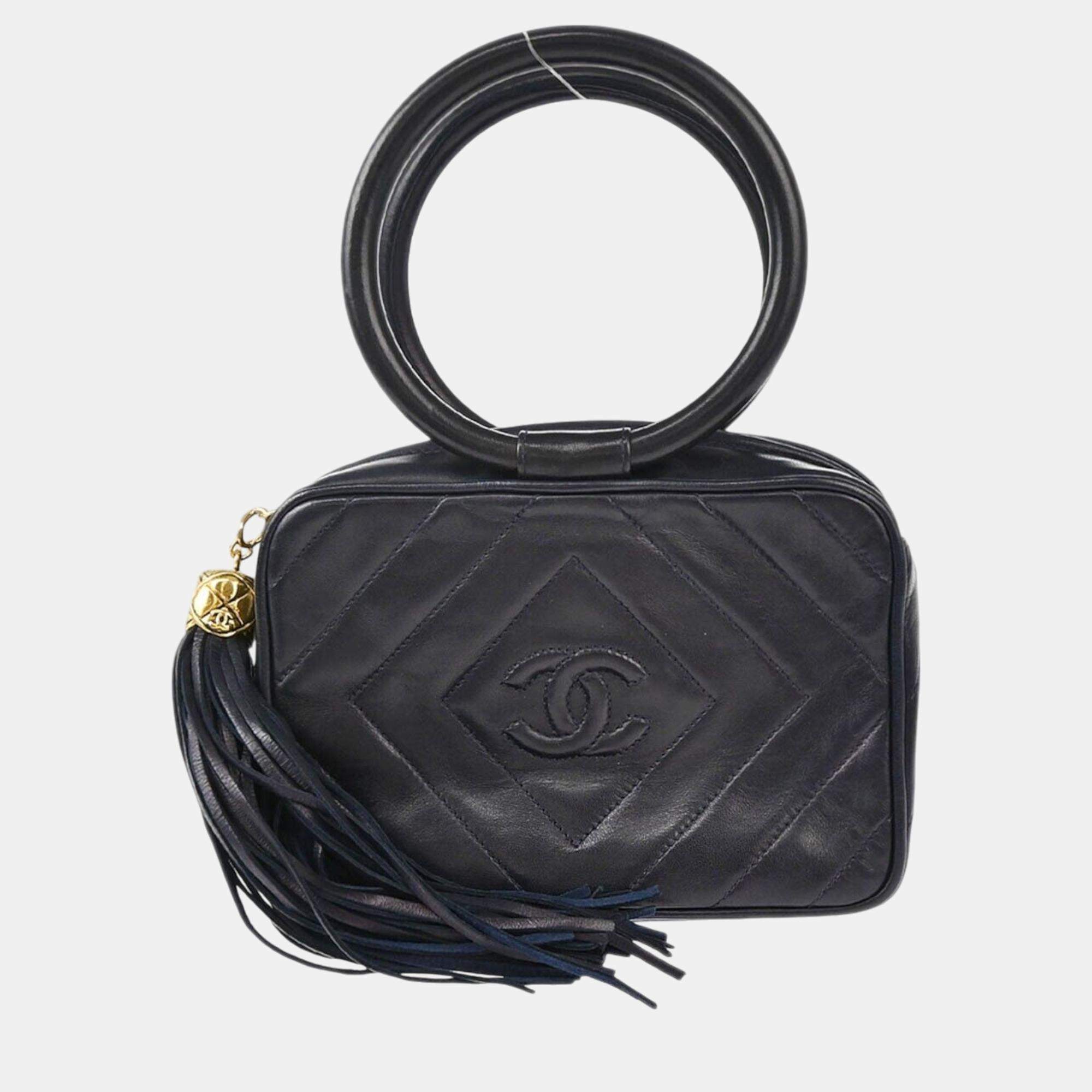 Pre Owned Chanel Navy Lambskin Leather Fringe Handbag 