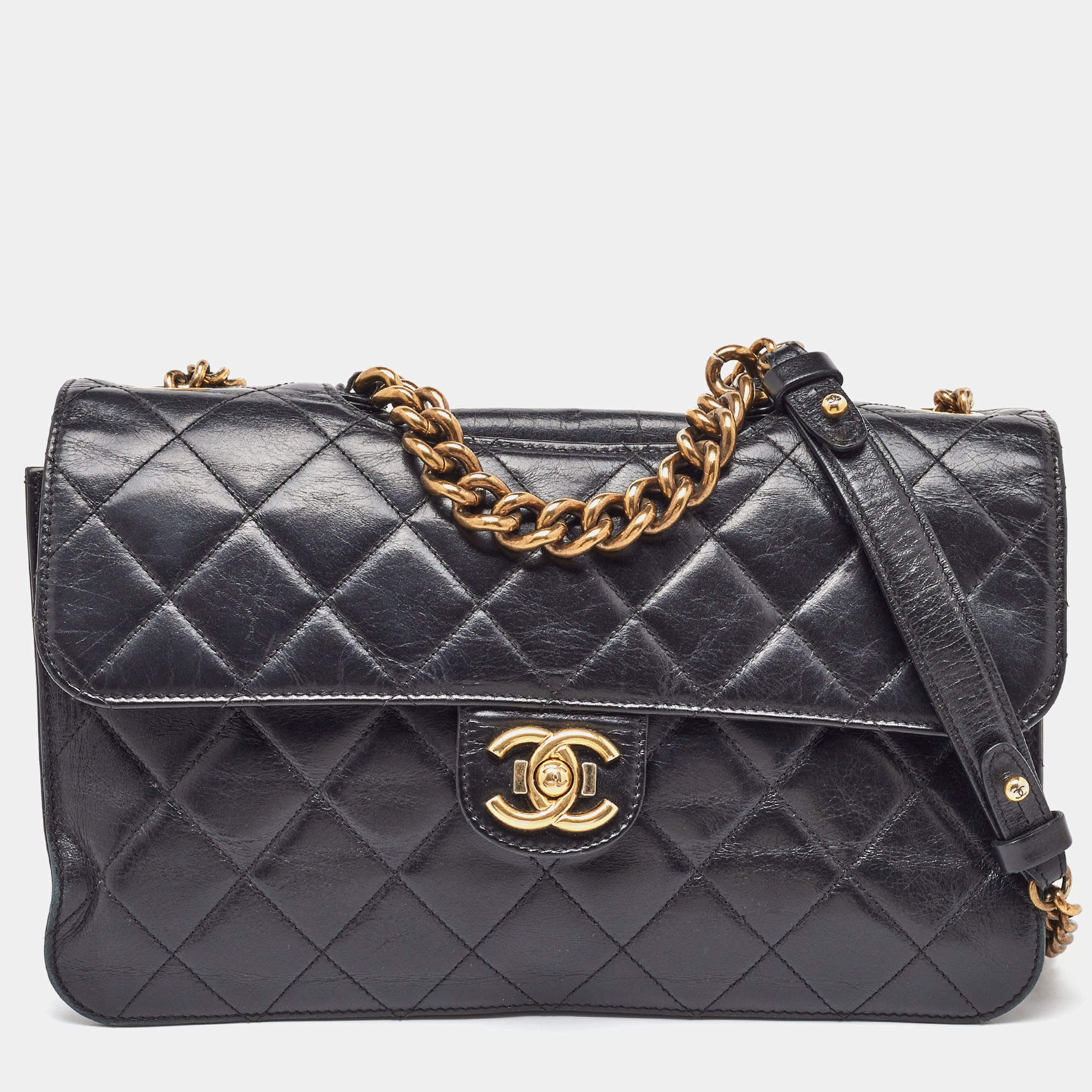 Chanel Black Quilted Aged Leather Large Perfect Edge Flap Bag