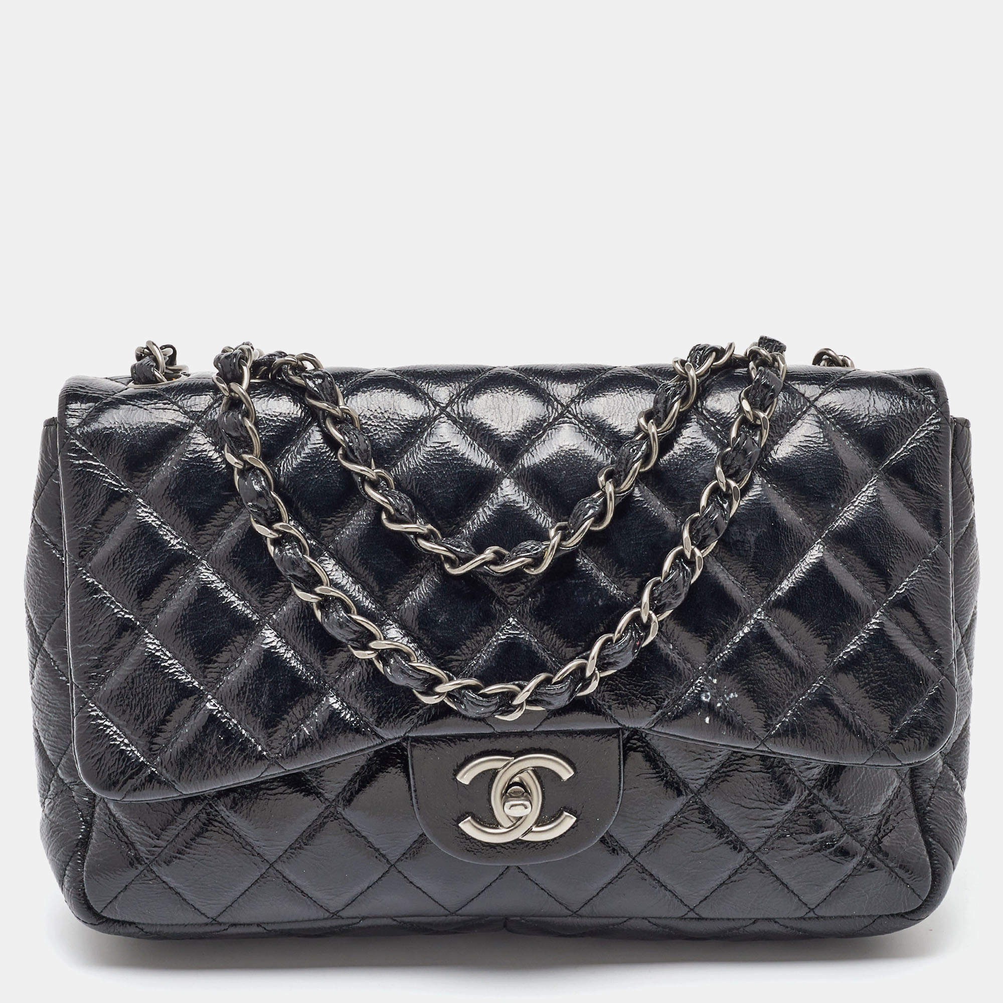 Chanel Black Crinkled Quilted Patent Leather Jumbo Single Flap Bag