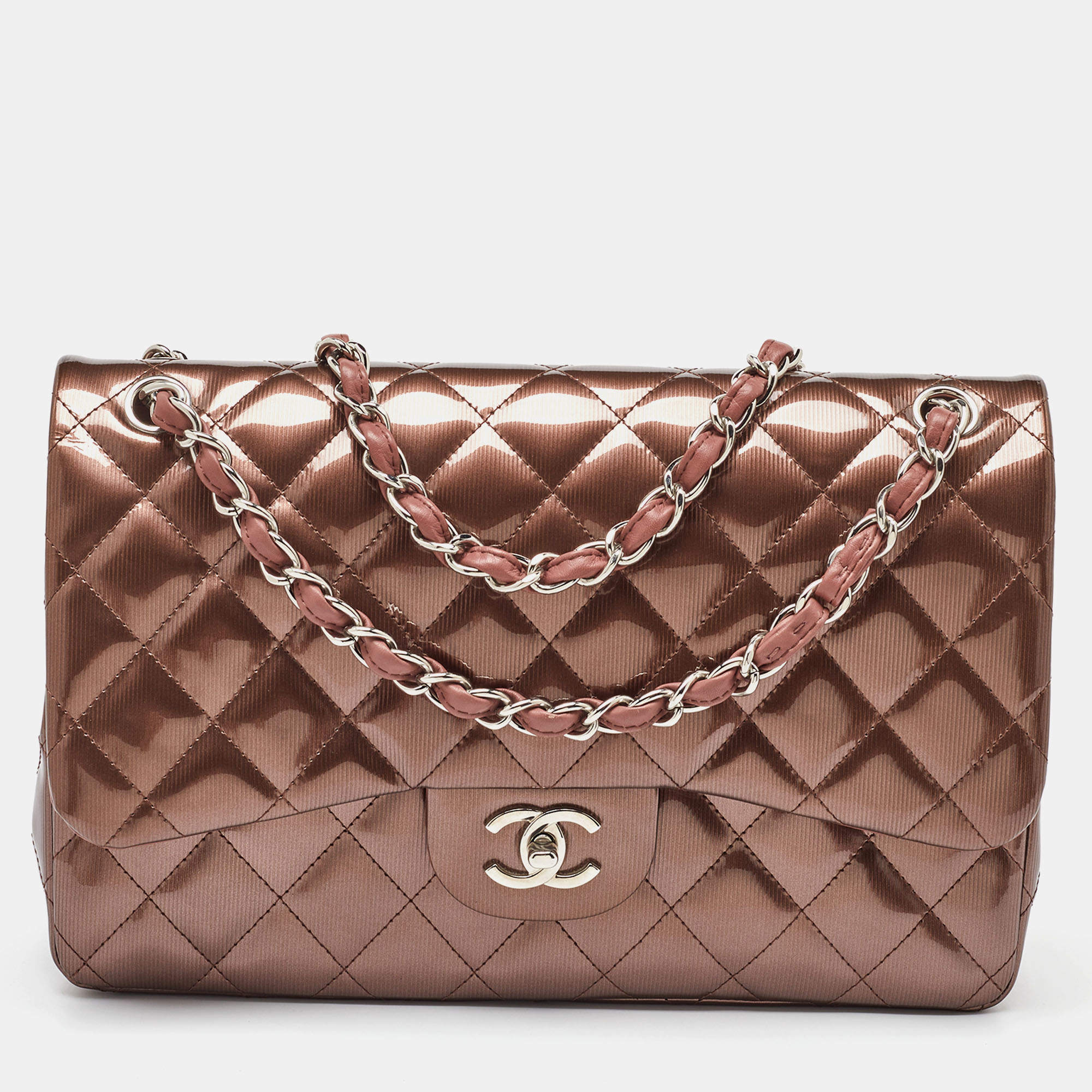 Pre Owned Chanel Antique Rose Quilted Patent Vinyl Jumbo Classic Double Flap Bag
