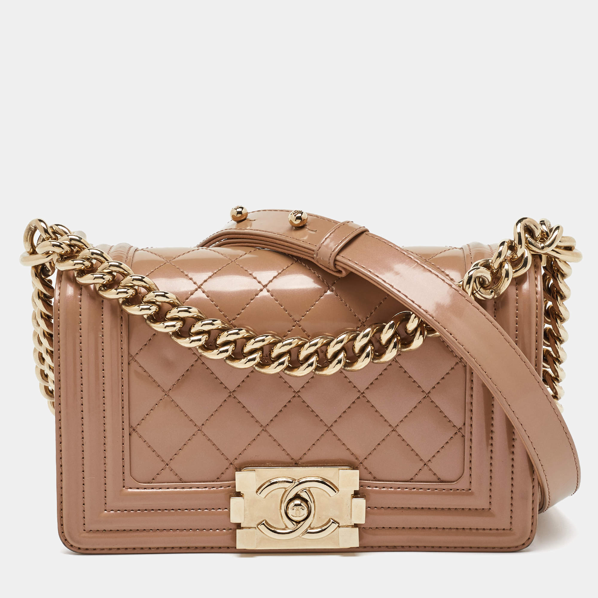 Pre Owned Chanel Beige Quilted Patent Leather Small Boy Flap Bag
