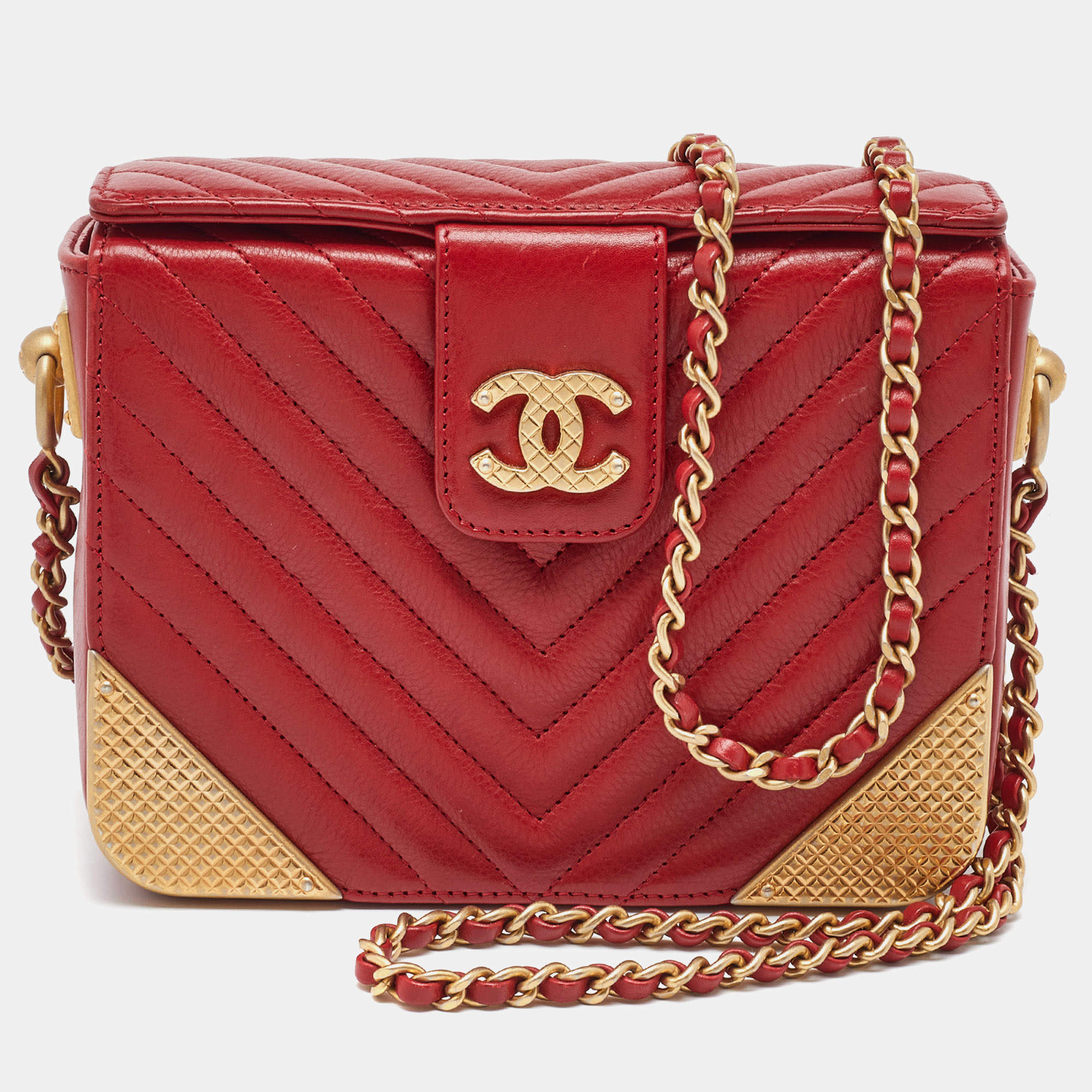 Chanel Red Chevron Leather Rock The Corner Minaudiere Bag
