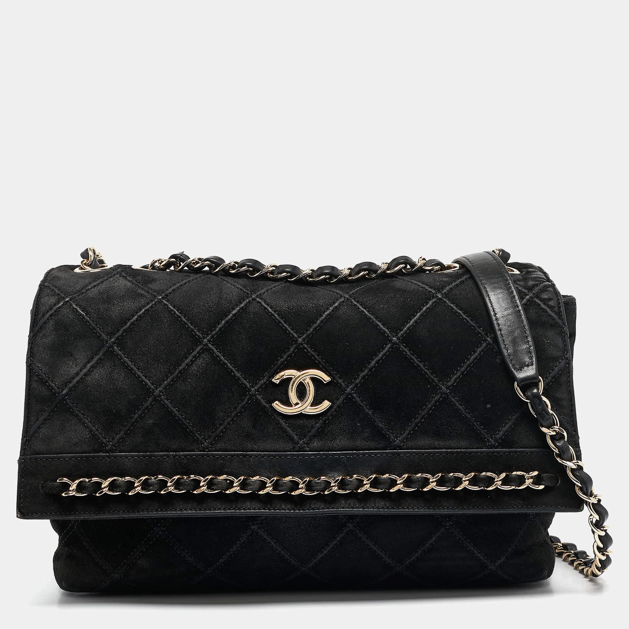 Pre Owned Chanel Black Diamond Stitched Suede Lovely Chains Flap Bag