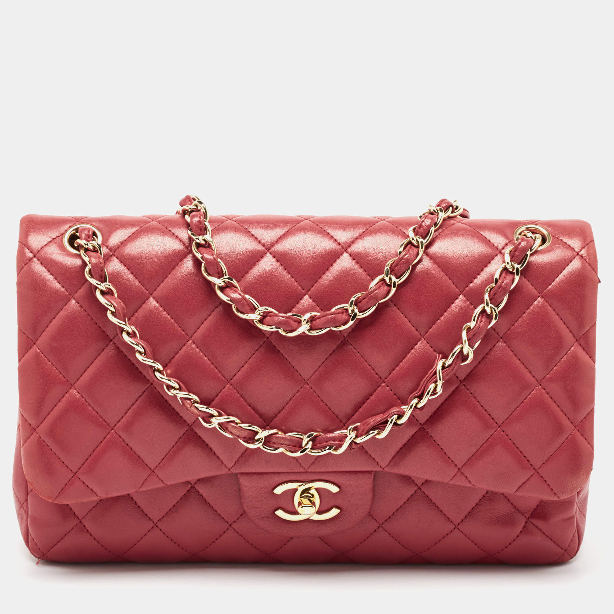 Pre Owned Chanel Red Quilted Lambskin Leather Jumbo Classic Double Flap Bag