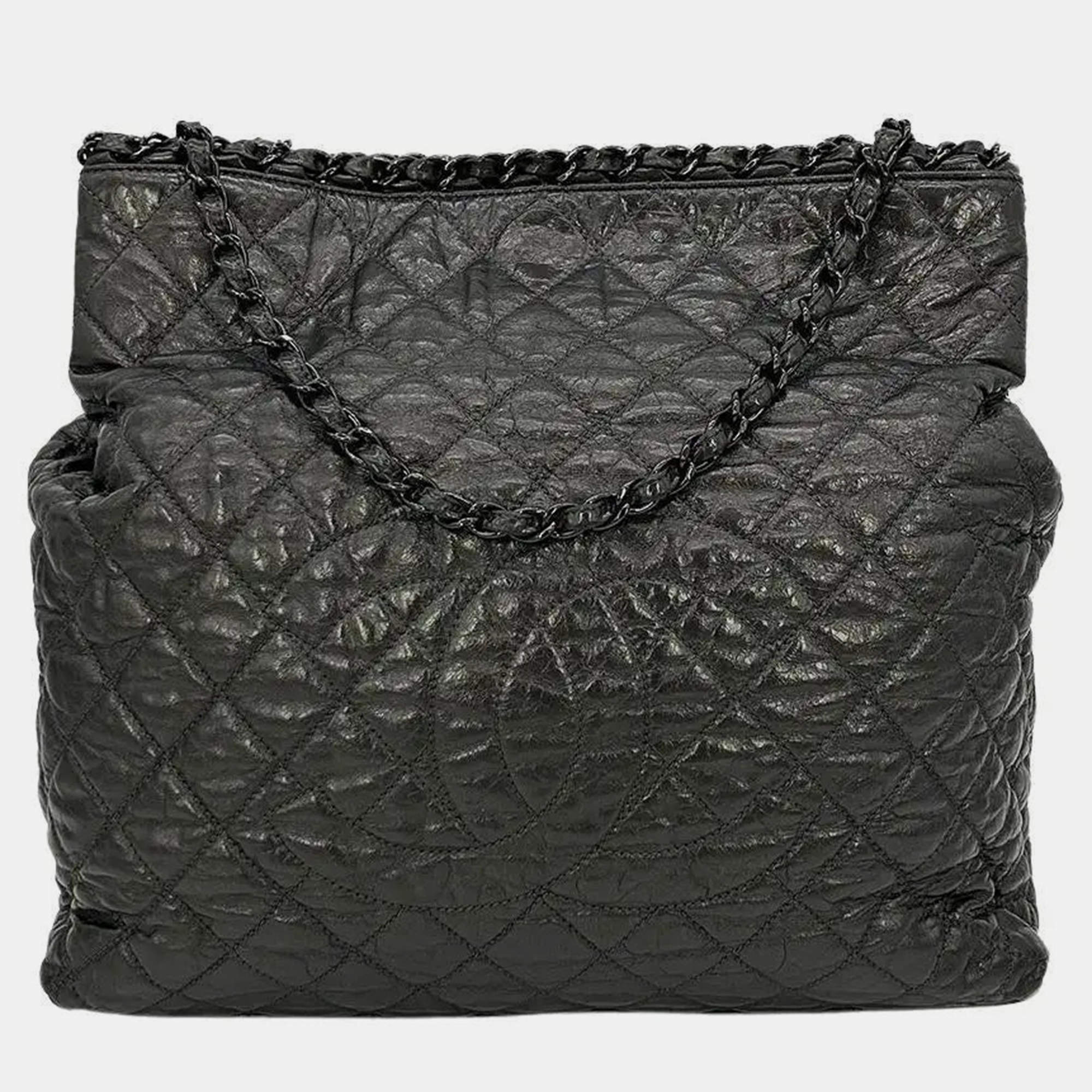Chanel Grey Metallic Leather Chain Me Shoulder Bag Tote