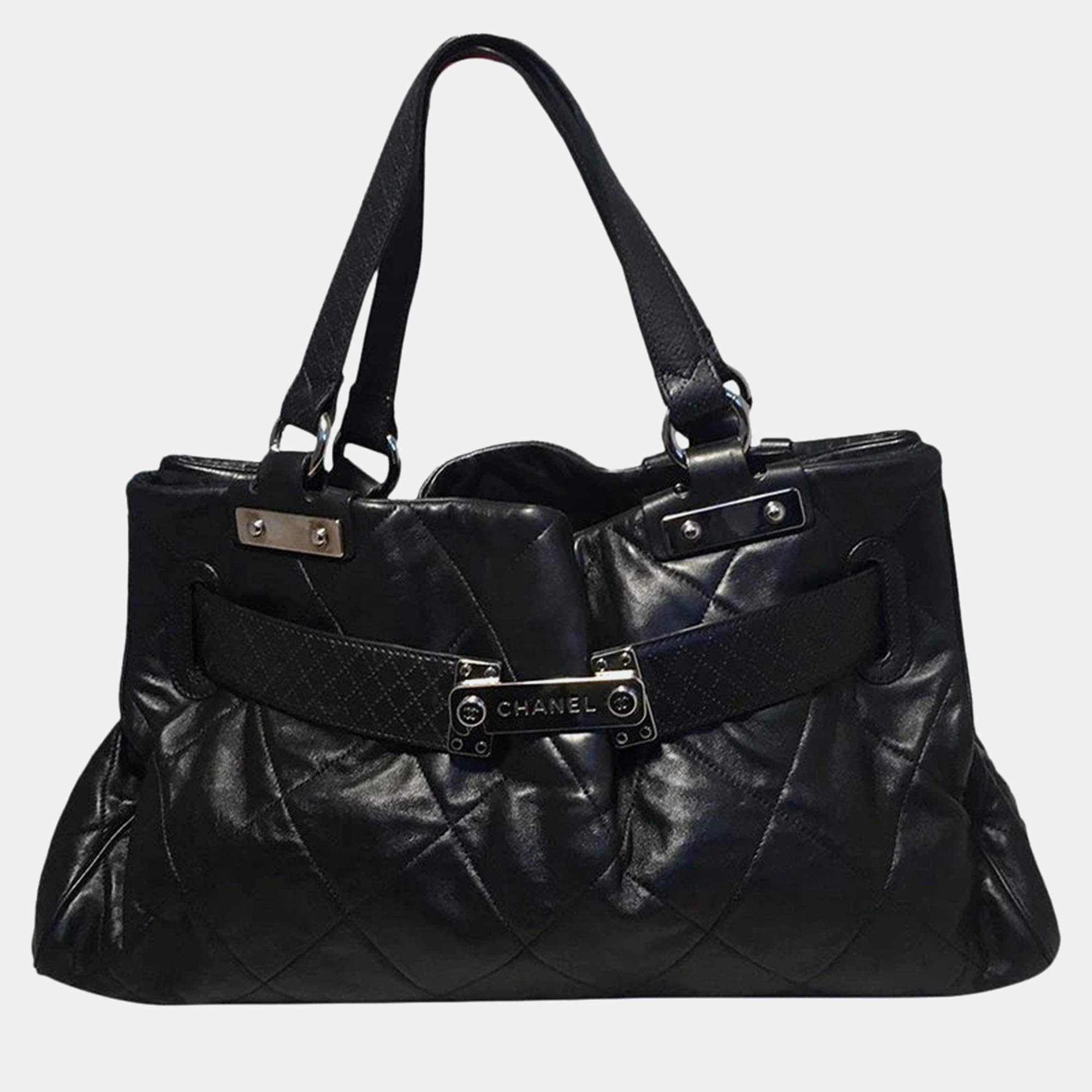 Chanel Quilted Black Leather Latch Front Tote Bag