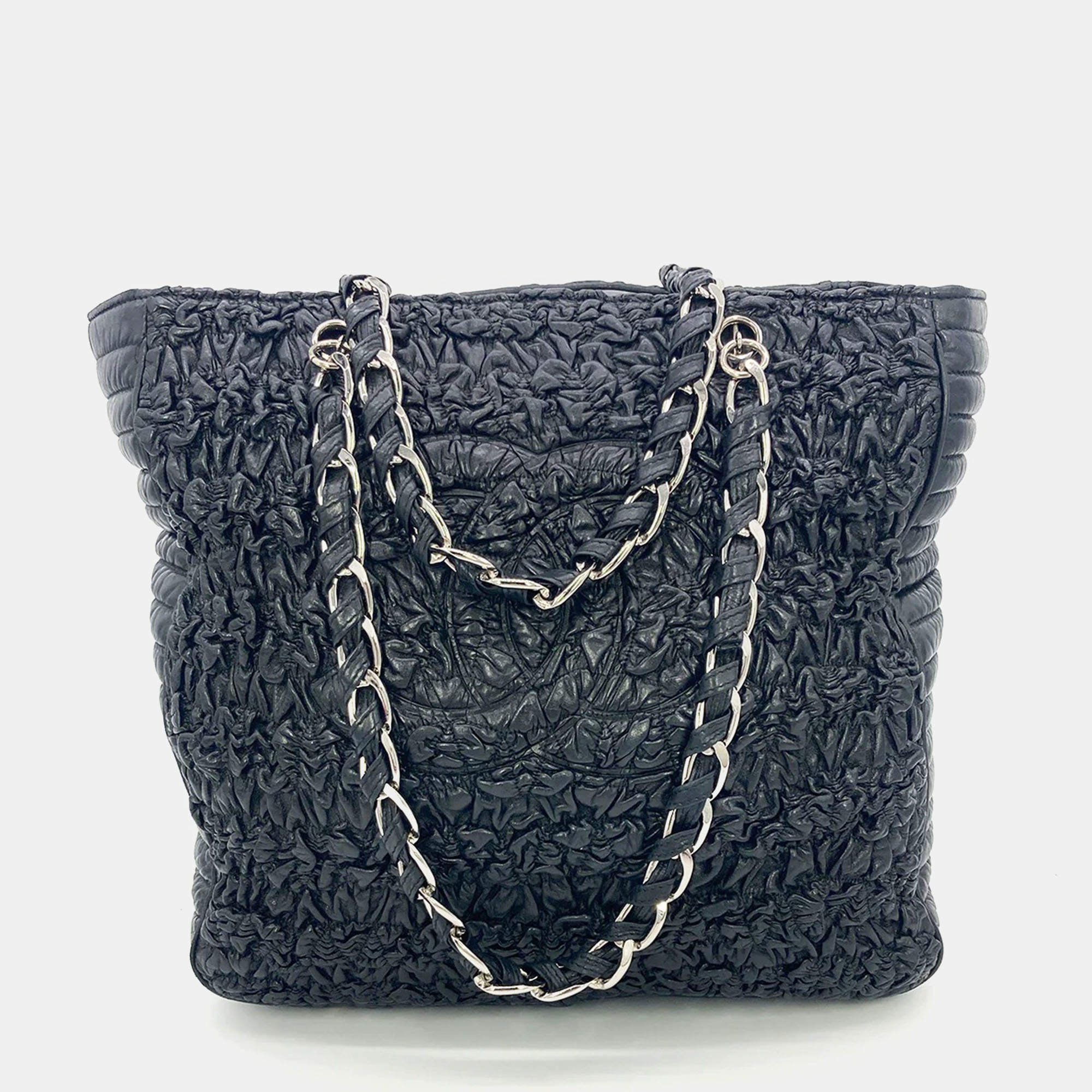 Chanel Astrakhan Black Leather Ruched Shopping Tote