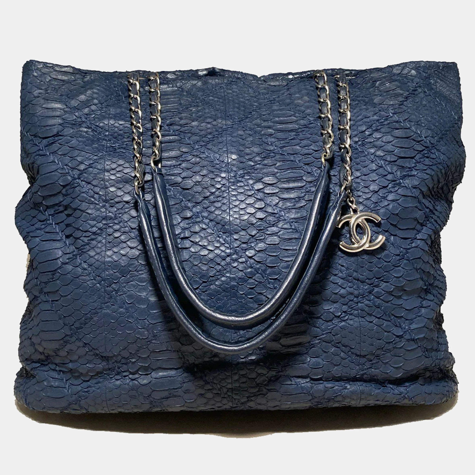 Chanel Navy Blue Quilted Matte Snakeskin Tote