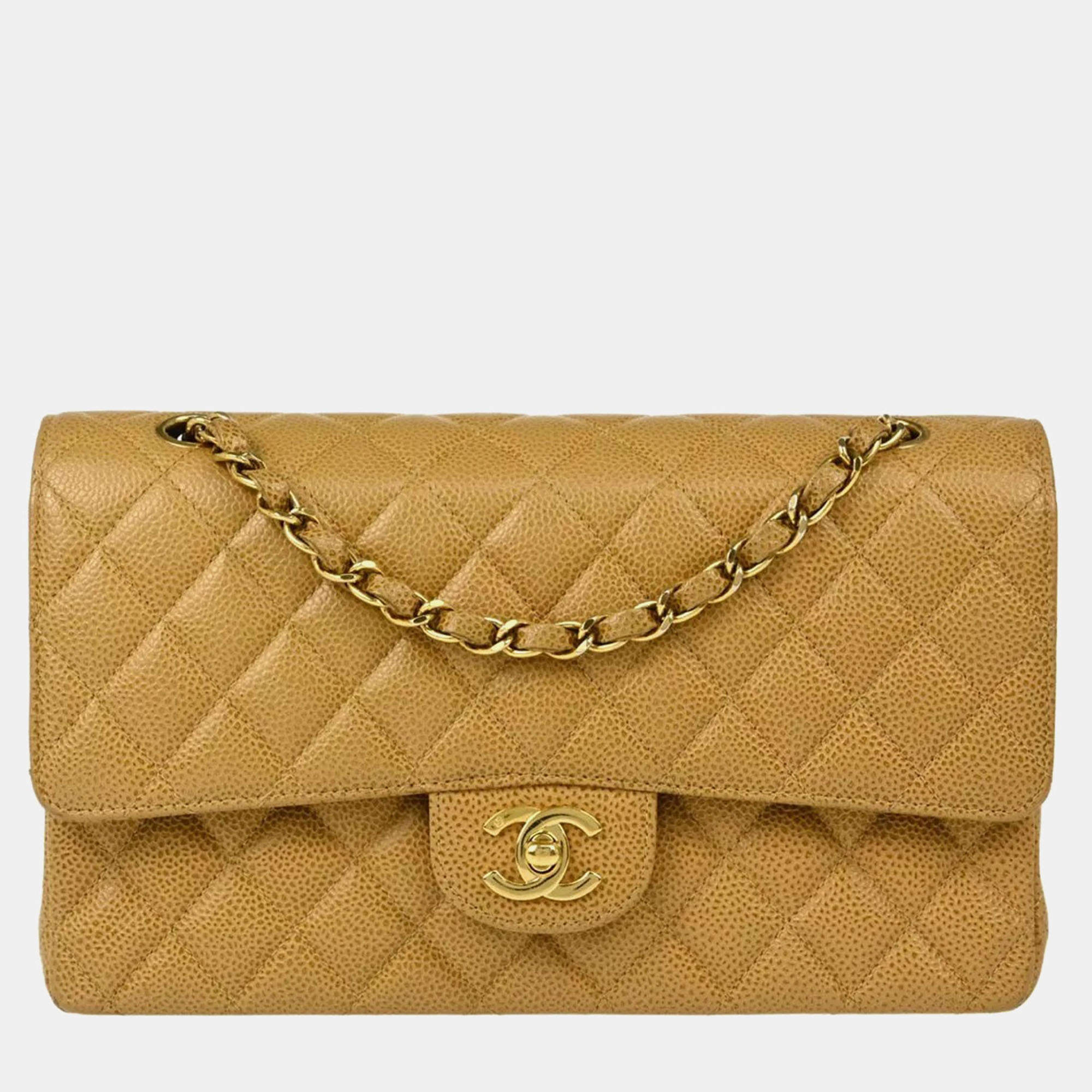 Pre Owned Chanel Beige Caviar Leather Medium Classic Double Flap Shoulder Bag